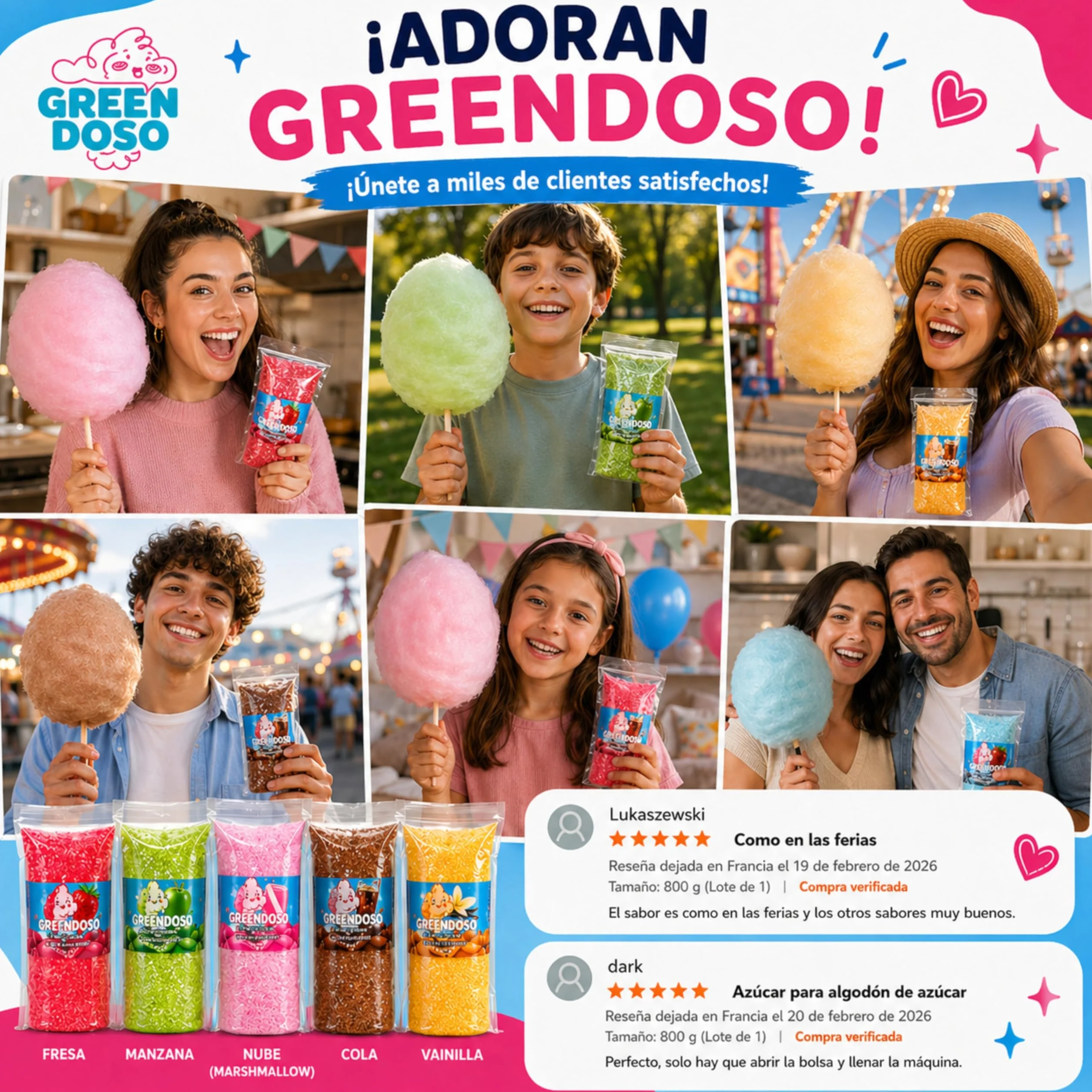 Greendoso Azúcar para Algodón de Azúcar (5x160 g) Fresa Cola Manzana Malvavisco Vainilla Aromas Naturales 20 Palitos 8 Caritas Comestibles
