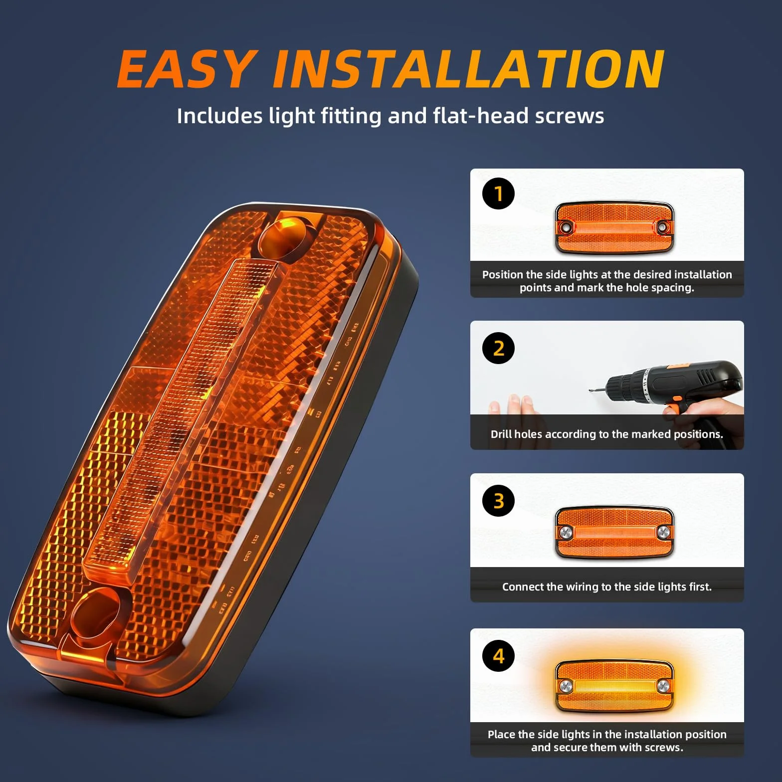 4x Luces Laterales LED Naranjas, 12V/24V impermeables IP65 con soporte, con certificación ECE R10, para remolques, furgonetas, caravanas y camiones