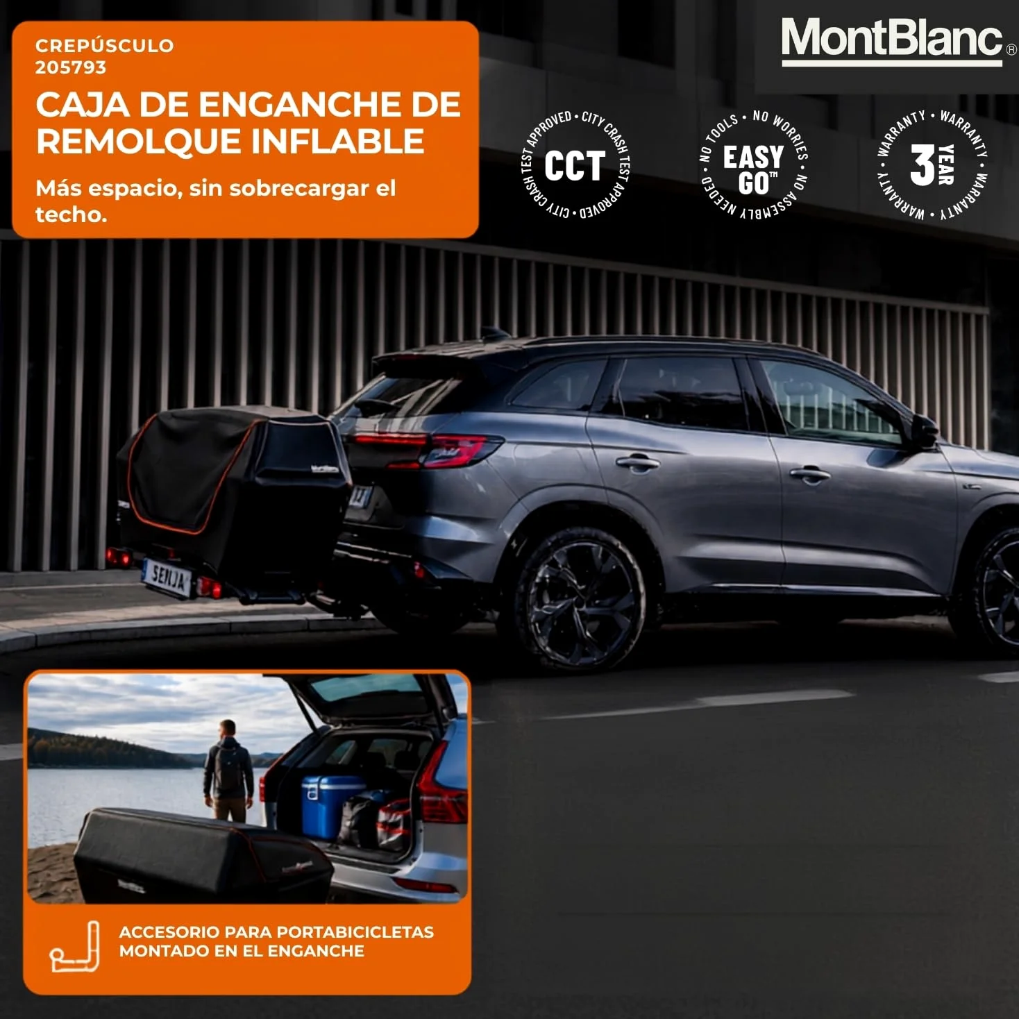 Mont Blanc Cofre de Enganche Hinchable Senja - 76 a 300 L, Carga 48 kg | Cofre trasero sobre enganche, compatible con portabicicletas. Impermeable, dropstitch, 76 a 300 litros, carga 48 kg.