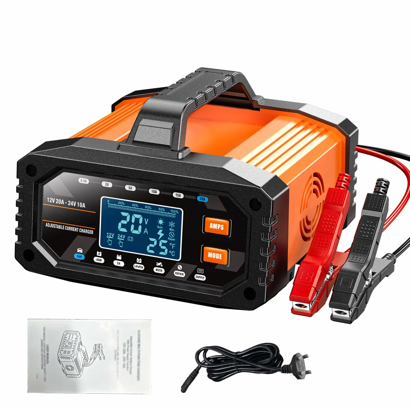 CHICIRIS Cargador de Batería 12V 20A 24V 10A, Mantenimiento Inteligente Automático Desulfatador con Modo de Reparación de 16A para Baterías de Coche, Moto, Camión, Barco (Enchufe de la UE)