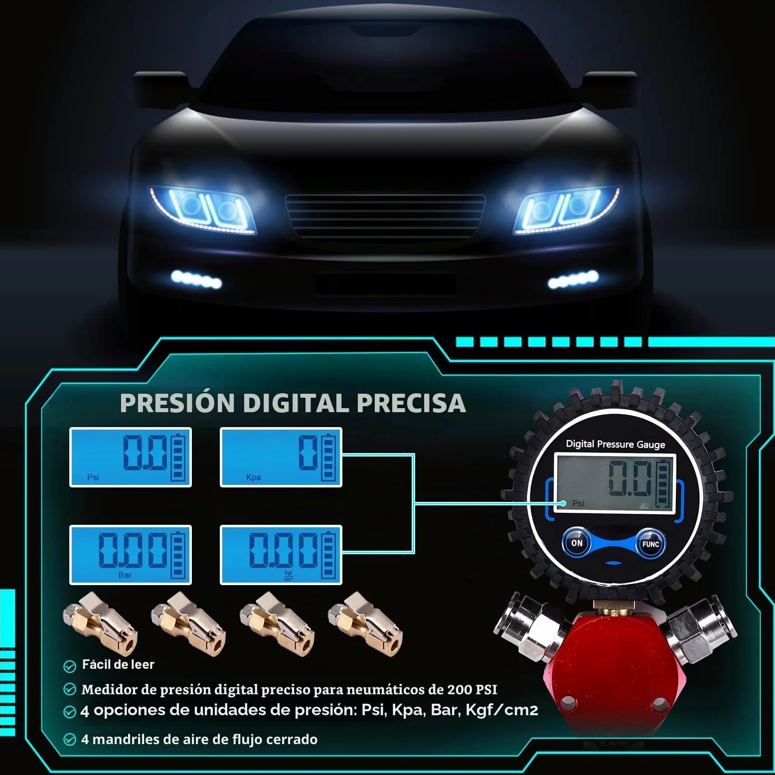 Sistema de inflado de neumáticos de 4 vías con 4 mandriles de aire de flujo cerrado, medidor digital de presión de neumáticos para automóviles, camiones, vehículos todoterreno, compatible con tanques