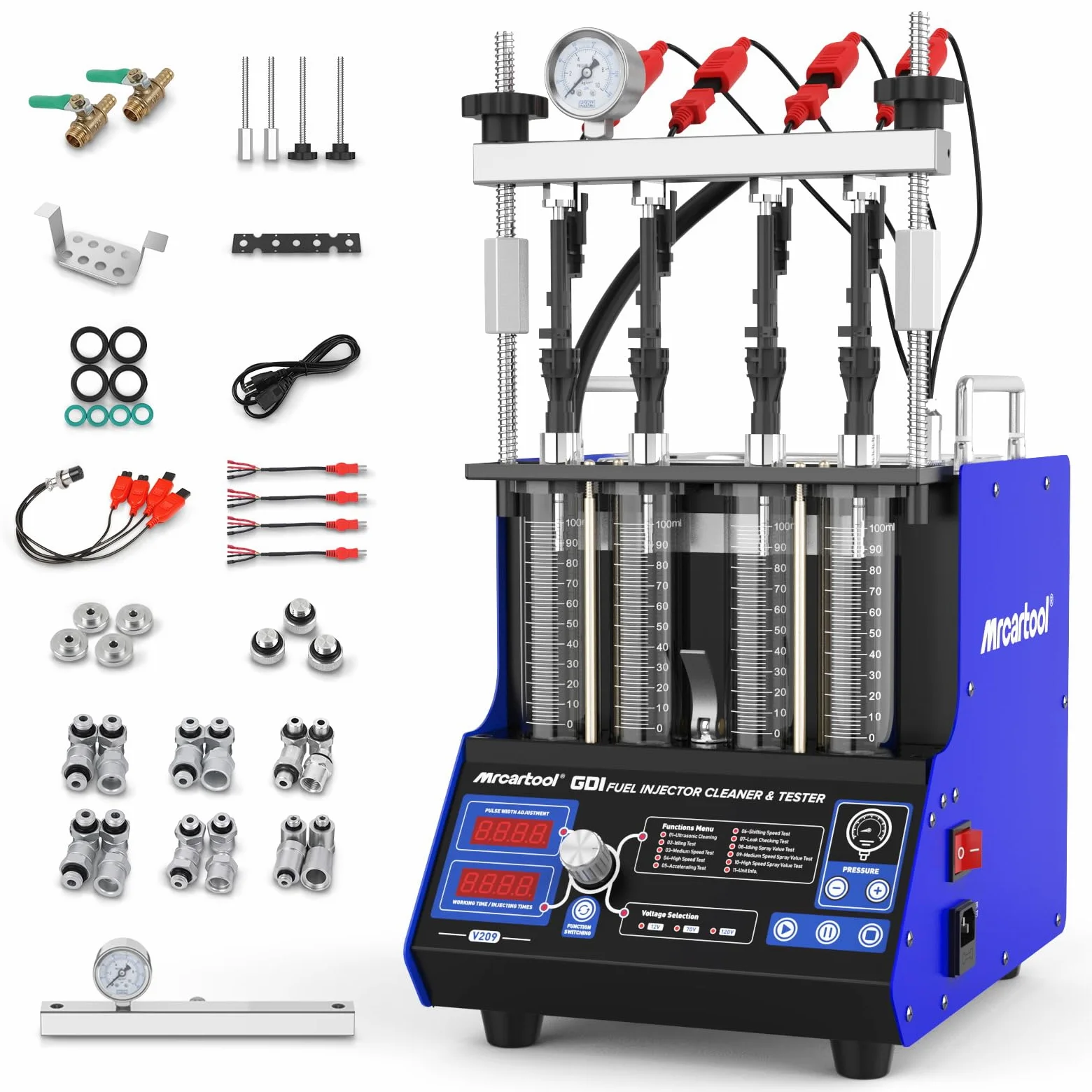 MR CARTOOL V209 Limpiador y Probador de Inyectores con 4 Cilindros para Inyectores GDI EFI FSI, Limpiador Ultrasónico de Inyectores para Vehículos y Motocicletas
