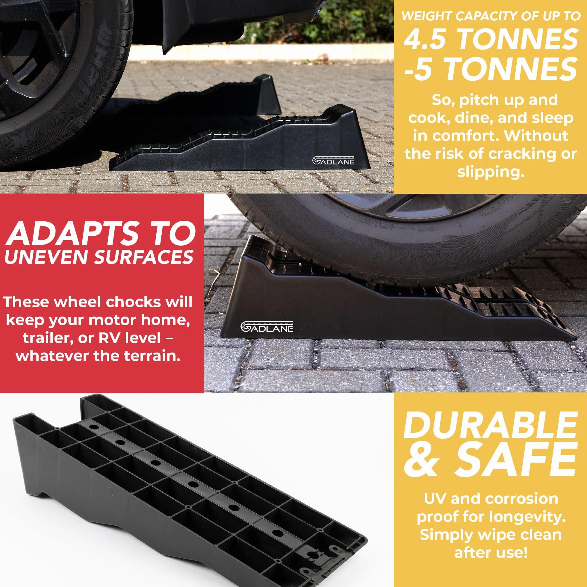 GADLANE Cuñas Niveladoras Autocaravana - 2 PCS Calzos Autocaravana de Alta Resistencia con Ranuras Antideslizantes - para Caravana, Furgonetas Camper y Remolques (Capacidad: 4,5 Toneladas) - Negro