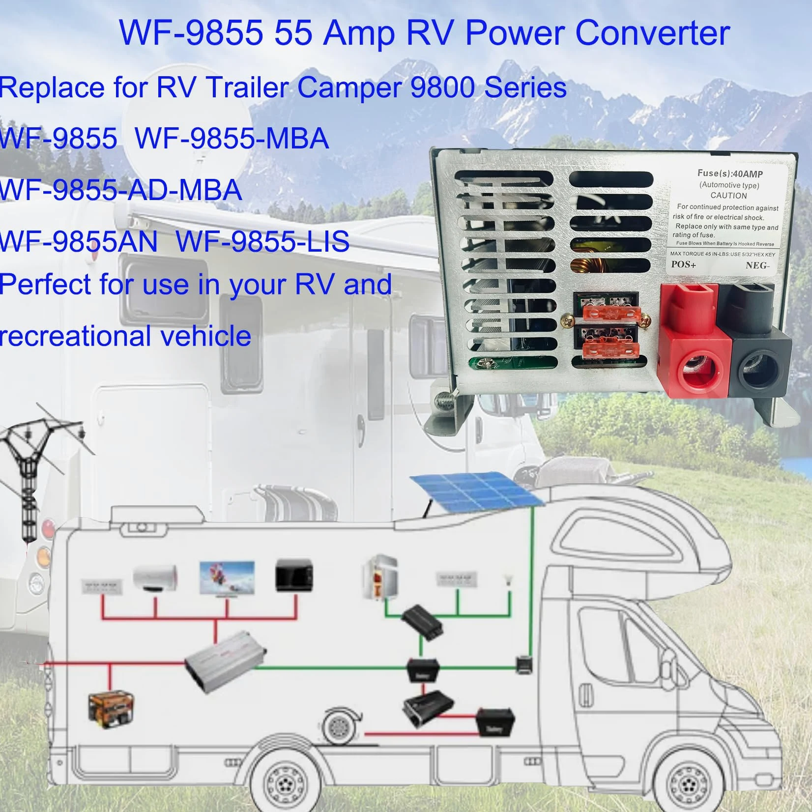 WF-9855 - Convertidor de alimentación RV de montaje en cubierta de 55 amperios, repuesto para RV, remolque, cámper, serie 9800