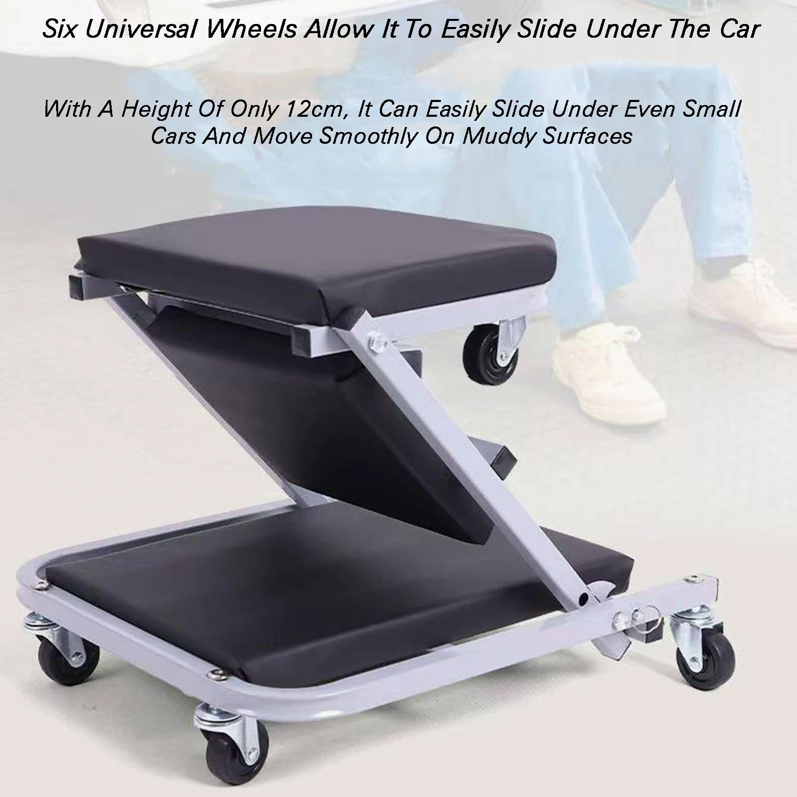 Asiento mecánico plegable de alta resistencia, diseño 3 en 1, 6 ruedas, capacidad de 136 kg para garaje y tienda