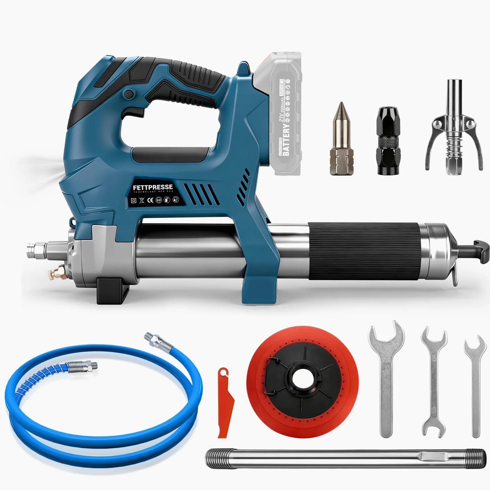 Pistola engrasadora inalámbrica compatible con batería Makita de 18 V, prensa de engrase eléctrica con función de dosificación, incluye manguera de alta presión de 100 cm, 3 boquillas, motor sin