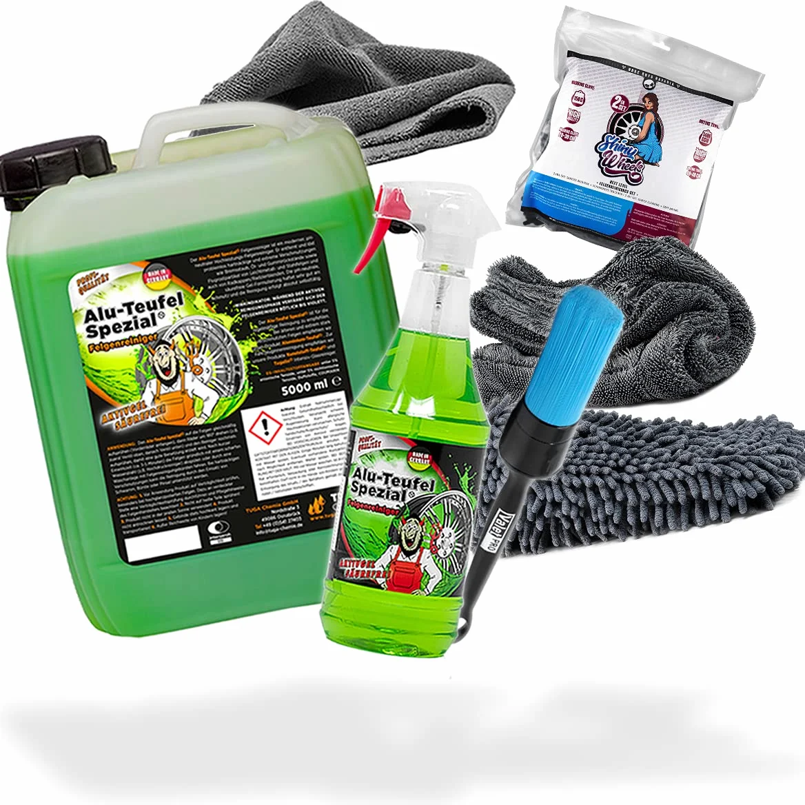 detailmate Juego de limpieza de llantas: limpiador de llantas de aluminio Tuga Chemie, 1 L + limpiador de llantas Tuga Chemie Alu Teufel 5L + cepillo para llantas ValetPRO + juego de ruedas Nuke Guys