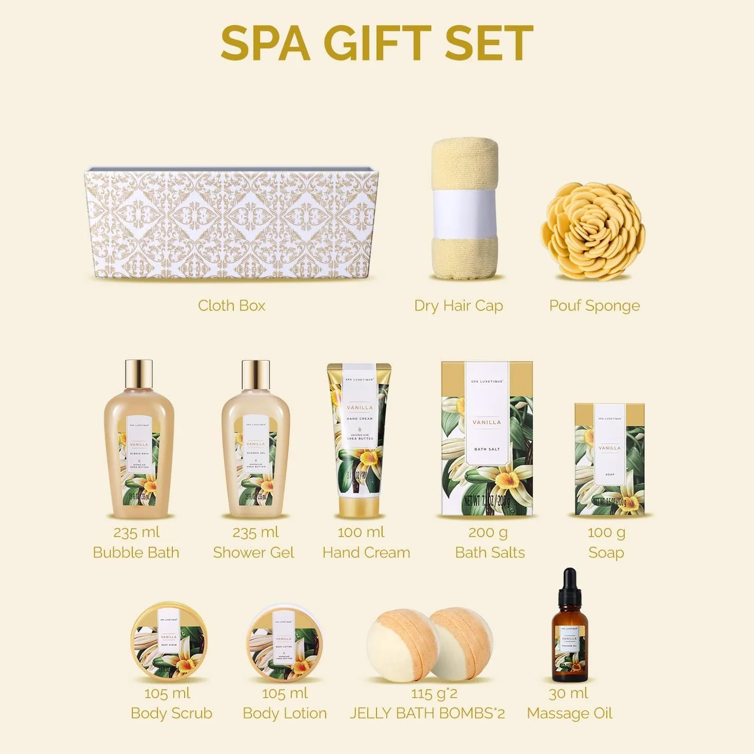 SPA LUXETIQUE zestaw prezentowy 12 sztuk wanilia sól do kąpieli bomby żel pod prysznic krem do rąk