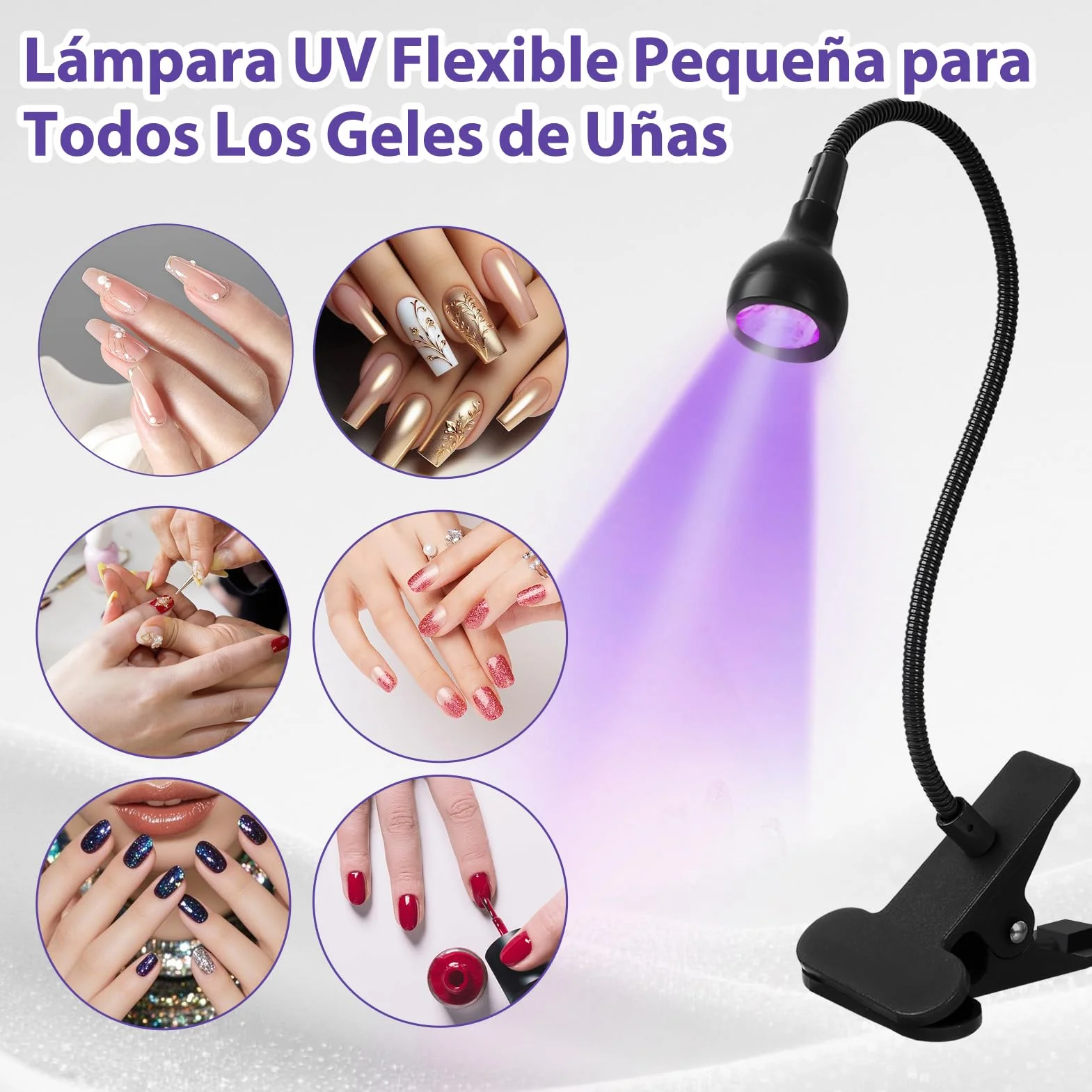 Lámpara de Uñas UV 5W LED Mini para Uñas de Gel Curado Rápido USB Ultravioleta con Clip Negro