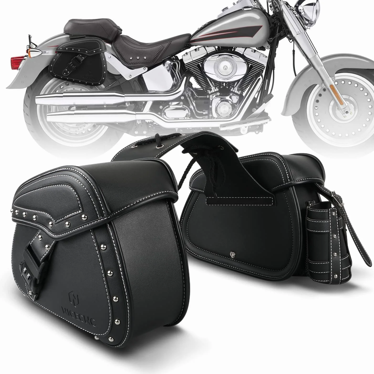 NICECNC 22L Alforjas de Motocicleta de Cuero PU, Bolsas Laterales con Portavasos y Bloqueo, Compatibles con Sportster Softail Dyna Shadow Road King Universal, 2PCS