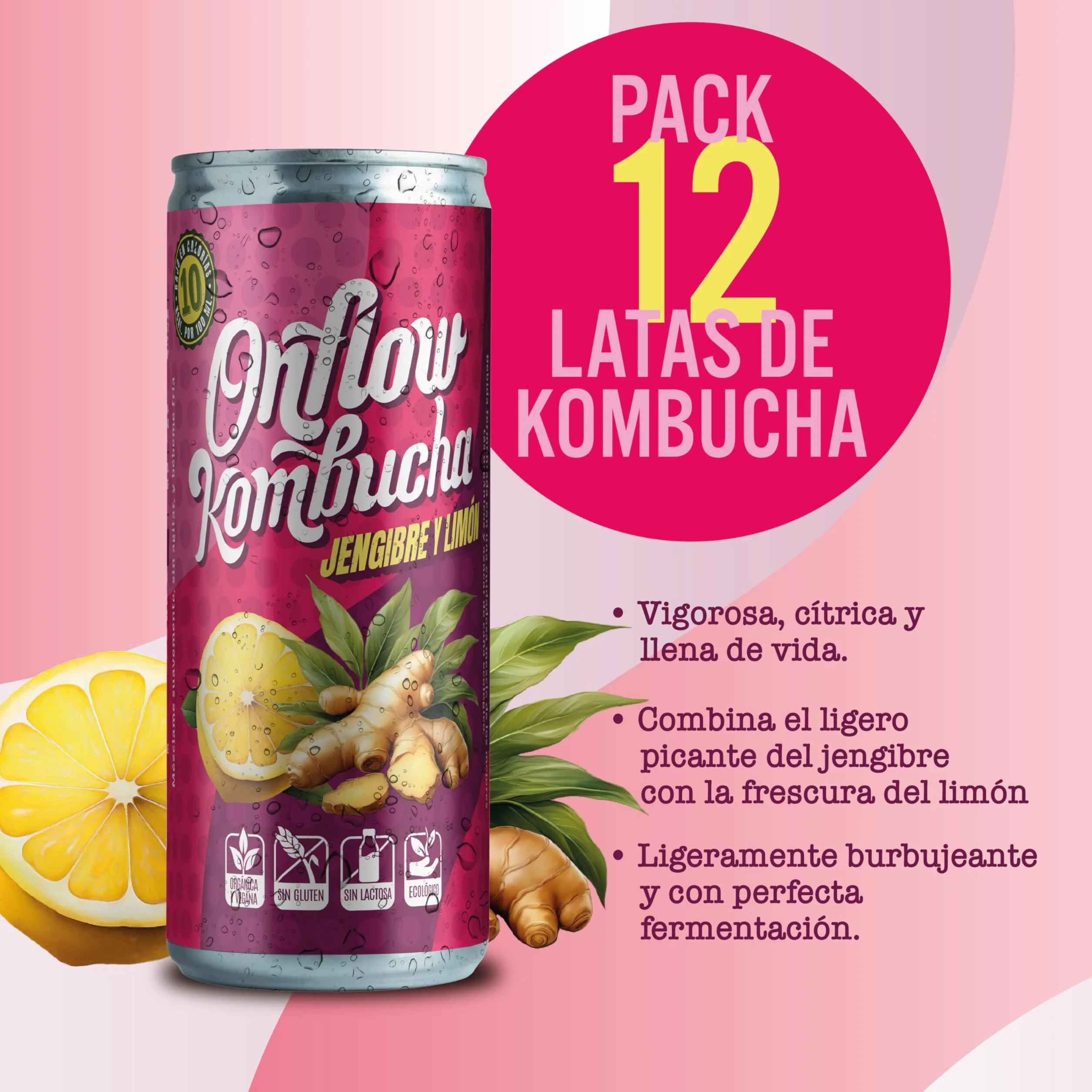 Kombucha Natural Onflow Sin Azúcar Sabor Frutos Rojos Pack 12 Latas x 250 ML