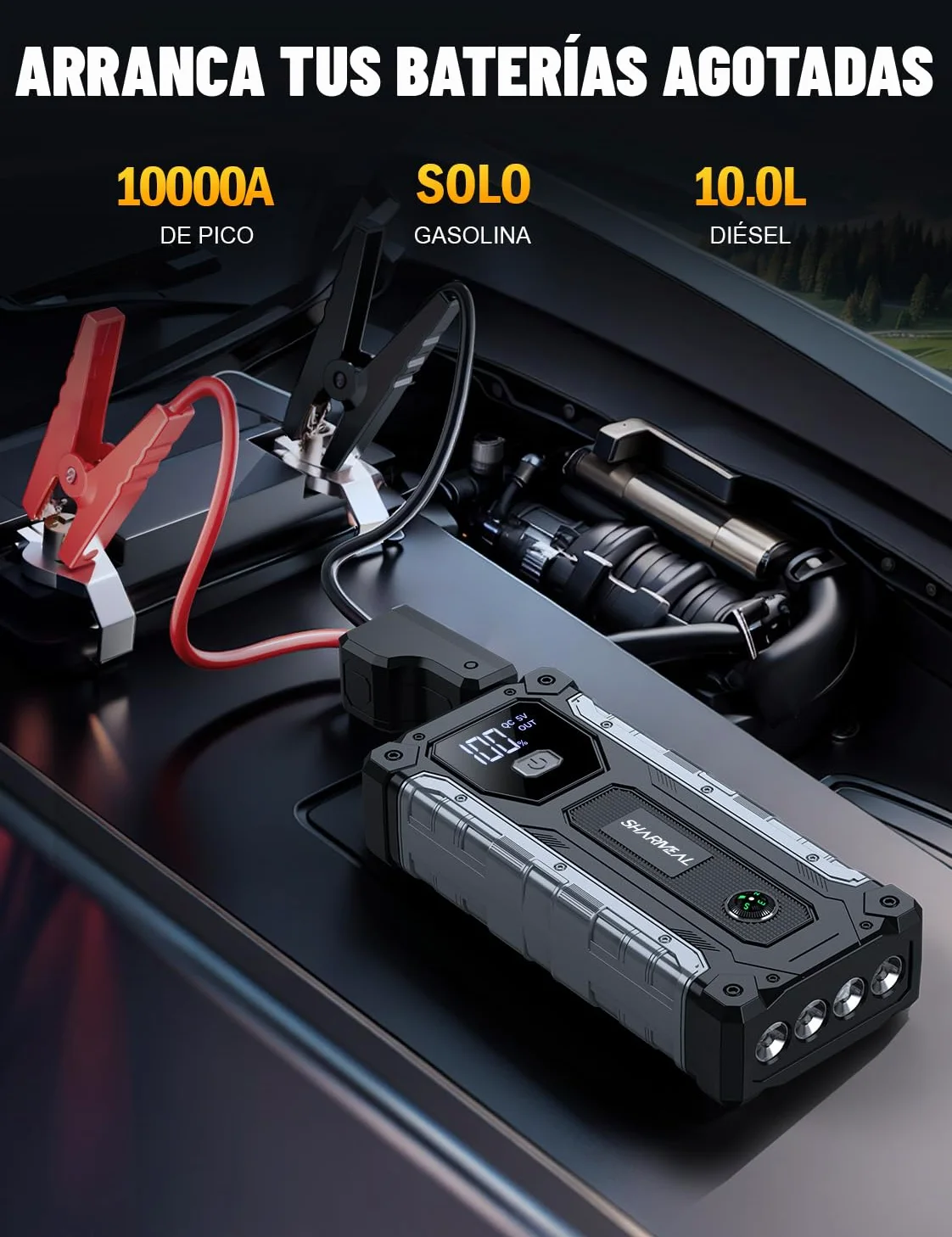 Arrancador de Coche, 10000A Arrancador de Baterías de Coche, 12V Arrancador de Portátil con para All Gasolina o 10L Diesel, Clips de Seguridad Inteligentes, Portable Jump Starter con Linterna LED