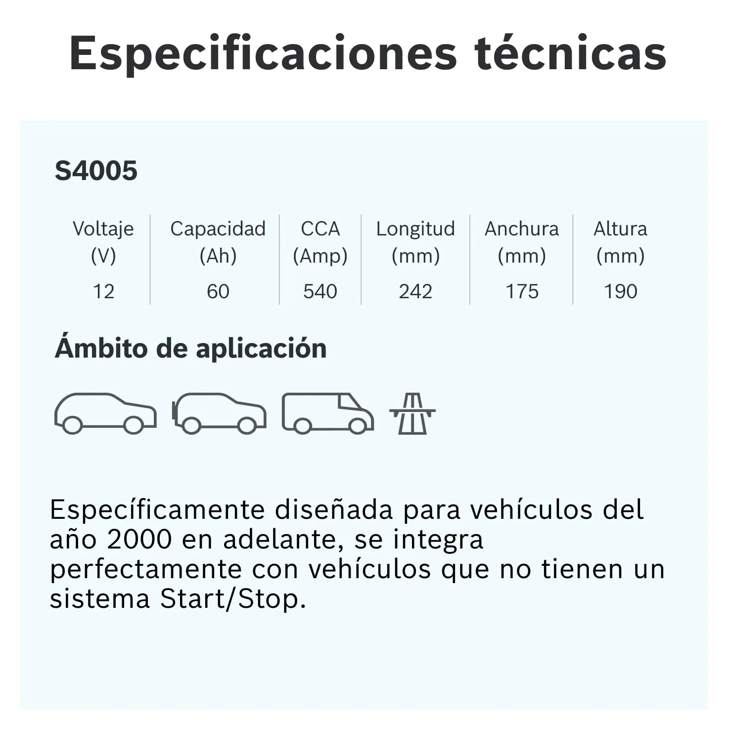 Bosch S4 005 Batería para Coche 60 A/h - 540 A - 12 V, de Plomo-Ácido para Vehículos sin Sistema Start/Stop, Polaridad Izquierda (-) Derecha (+), 242 x 175 x 190 mm