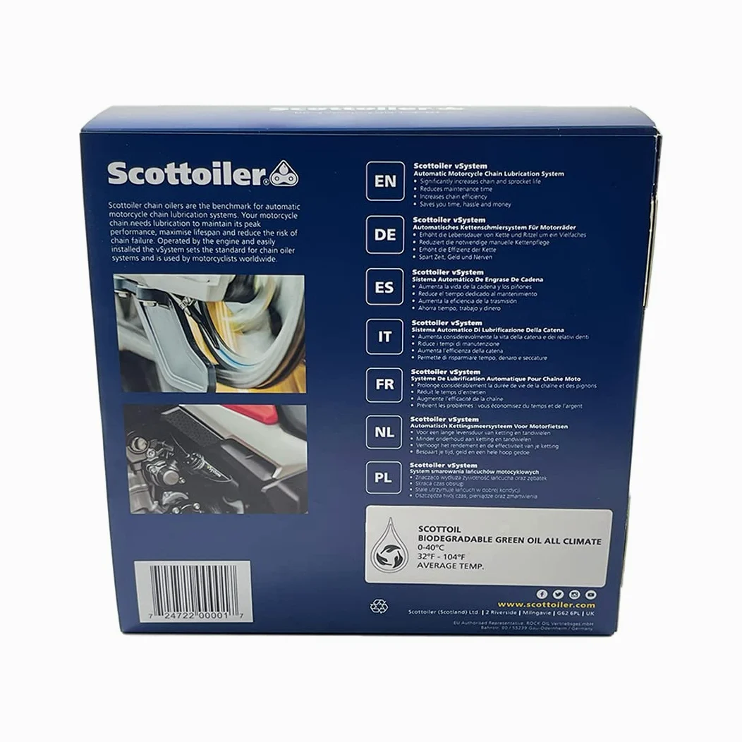Scottoiler vSystem Sistema Automático de Lubricación de Cadena de Motocicleta con Scottoil Verde Biodegradable e Inyector Dual Scorpion - Bundle Aplicador de Alimentación Dual…
