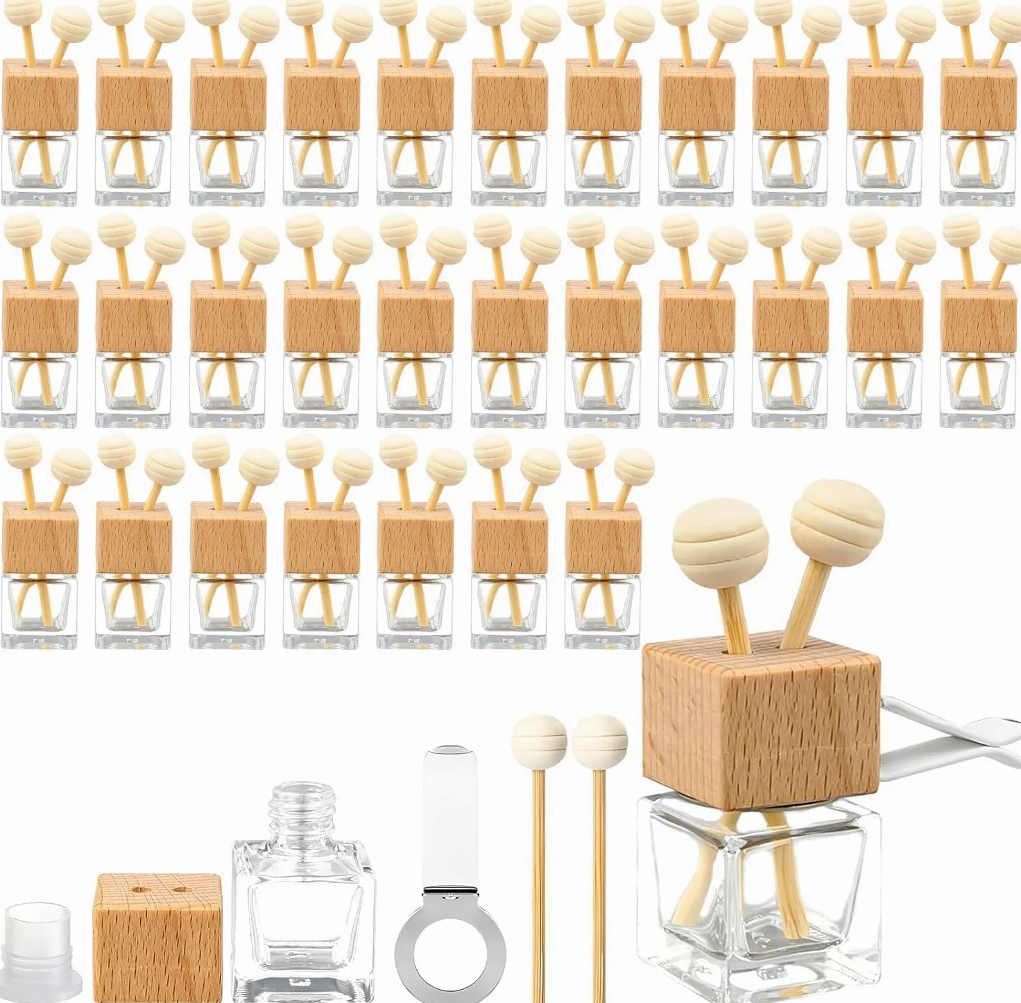 Paquete de 30 ambientadores para coche, 8 ml, transparentes, vacíos, difusor de aceites esenciales, difusor de perfume para coche, botella de cristal con clip de ventilación, tapas de madera