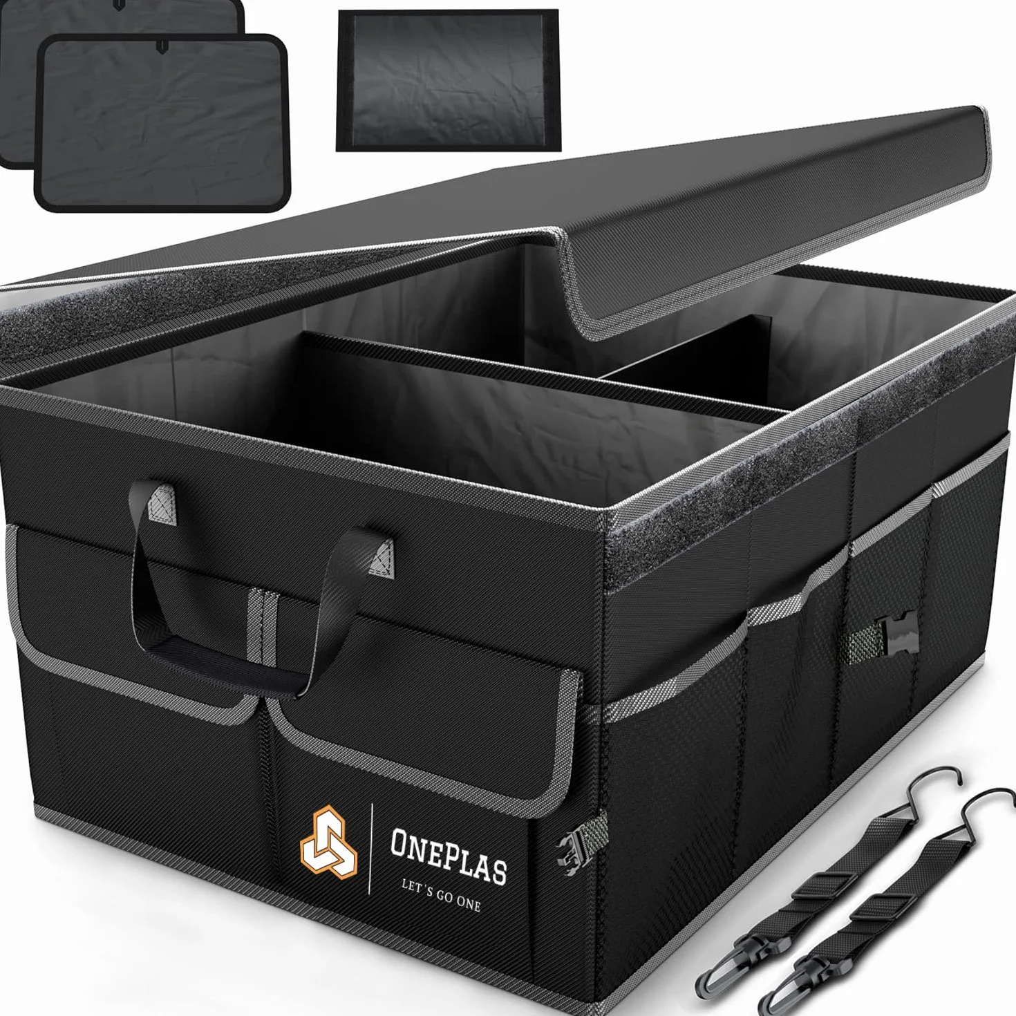 ONEPLAS Organizador de Maletero Coche y SUV - Organizador de Coche para Almacenamiento - Caja Plegable con 2 Compartimentos Grande - Base Antideslizante - Cinchas Ajustables - Tapa Extraíble (Negro)