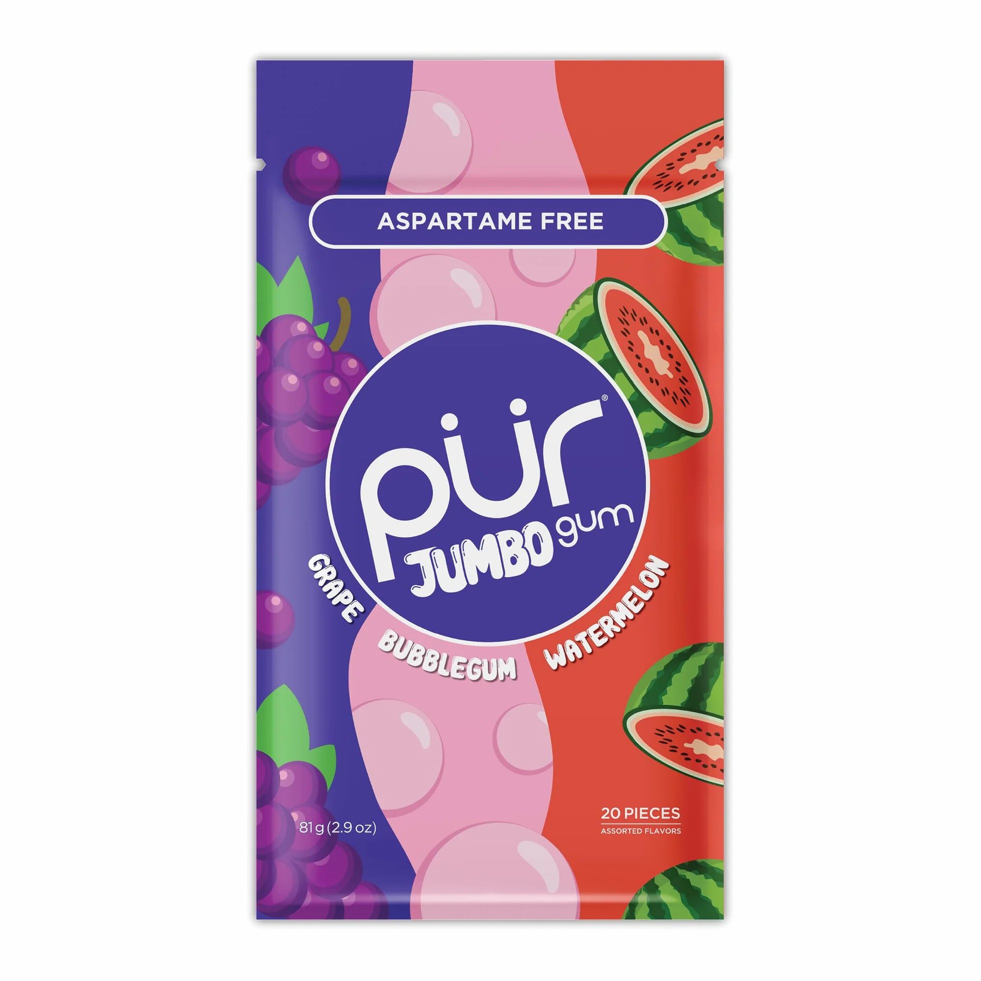 PUR Jumbo Gum Sin Aspartamo Con Xilitol Sabor Natural Bubblegum 20 Piezas