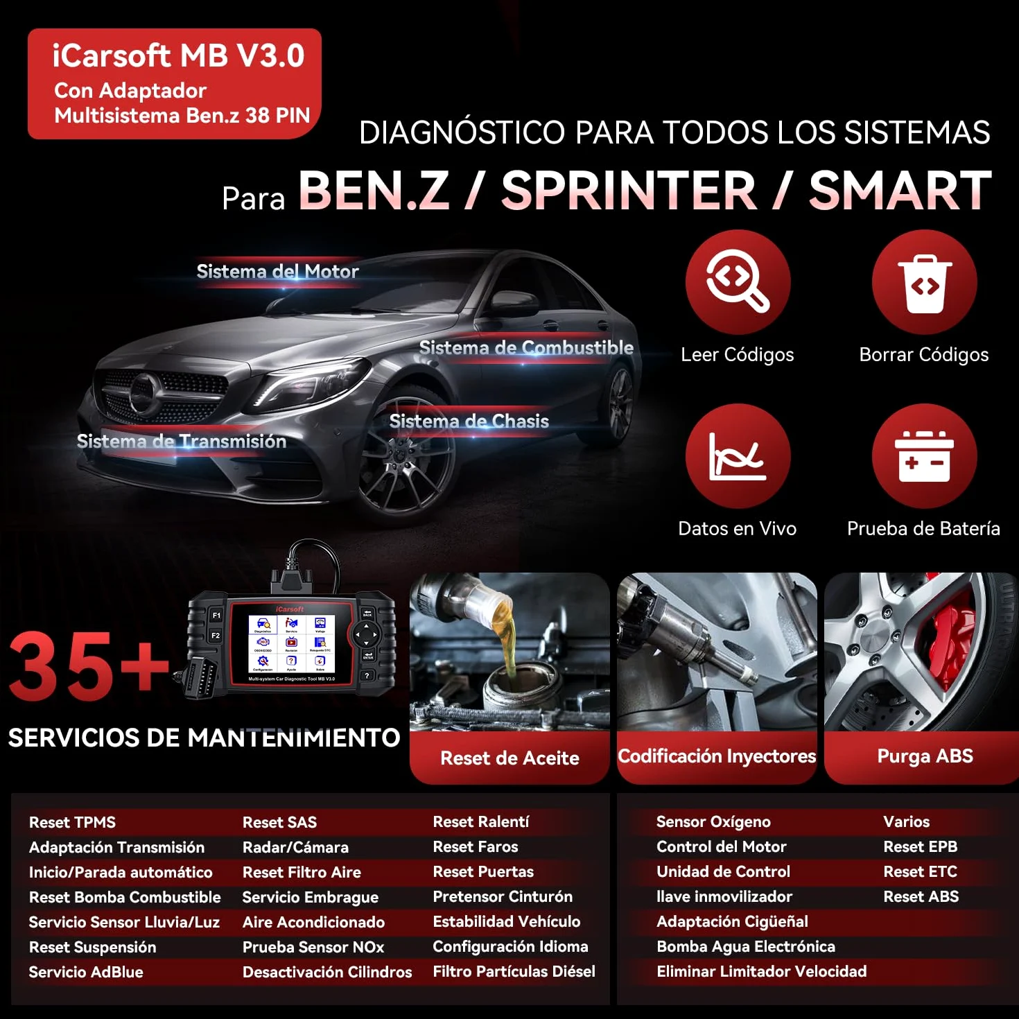 iCarsoft MB V3.0 OBD2 Máquina Diagnosis Coche para Ben.z/Sprinter/Smart, Escáner de Todo el Sistema, 35 Funciones Reinicio, Prueba Bidireccional, Vin Automático, con Adaptador Ben.z 38 Pines