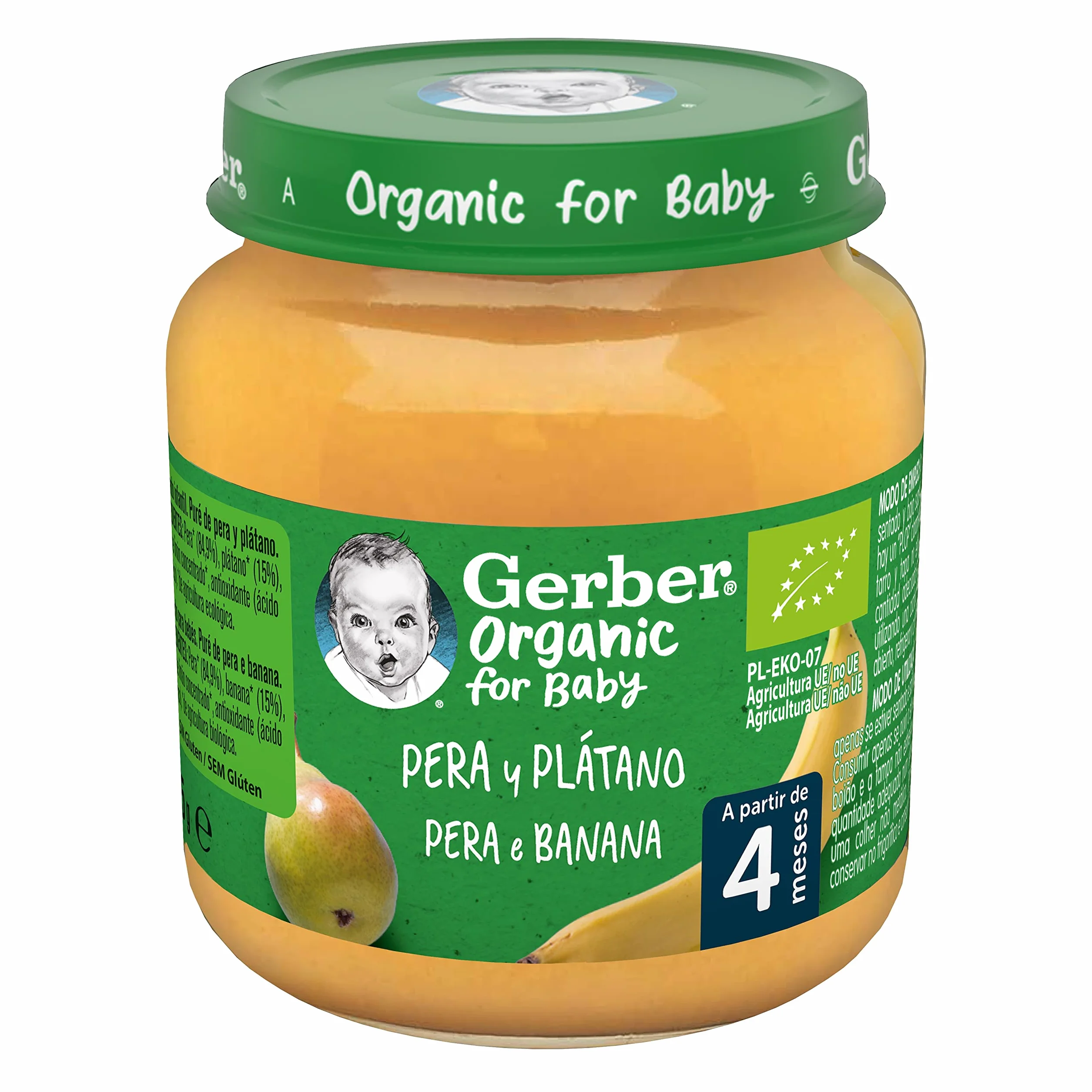 GERBER Organic Pera y Plátano Puré para Bebés 6x125g