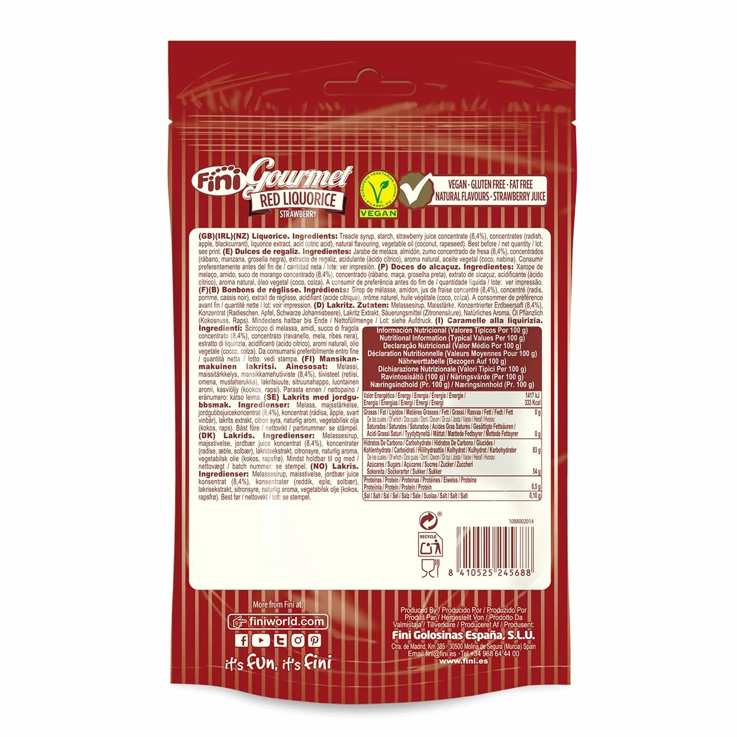 Fini Regaliz Fresa Gourmet Red Liquorice Vegano Sin Gluten 180 gr