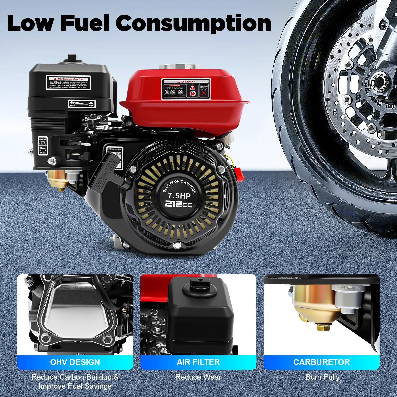 Motor de gasolina de 7,5 CV de 4 tiempos, 212 cm³, motor monocilín con función de alerta de aceite, arranque manual de 4 kW, potencia 3600 rpm, motor de repuesto para bombas de agua