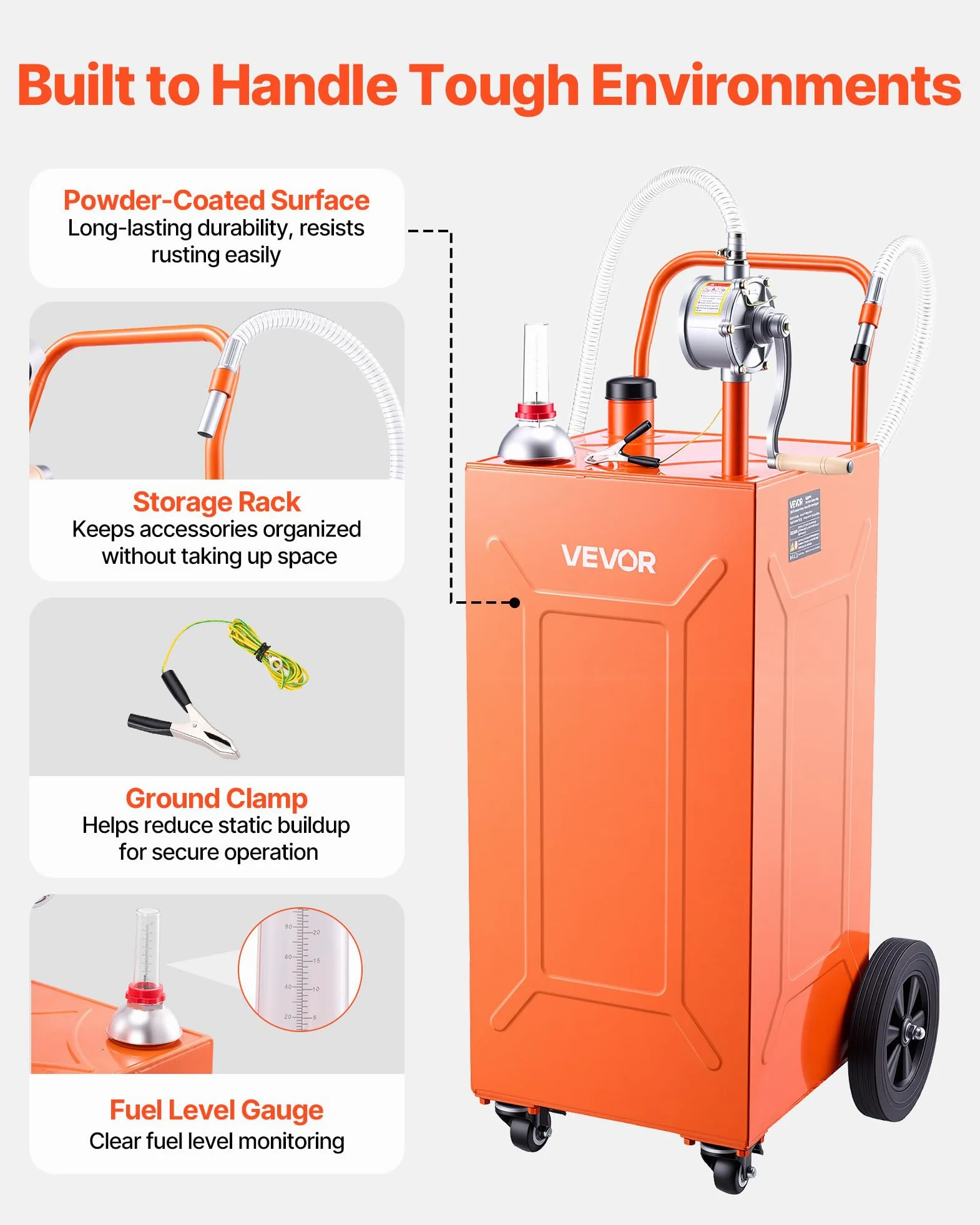 VEVOR Carro de Combustible de 132,5 L con Depósito de Gasolina y Diésel, Tanque de Combustible con Bomba Manual de Trasvase Bidireccional, 4 Ruedas, Acero al Carbono, para Granja, Garaje y Exterior