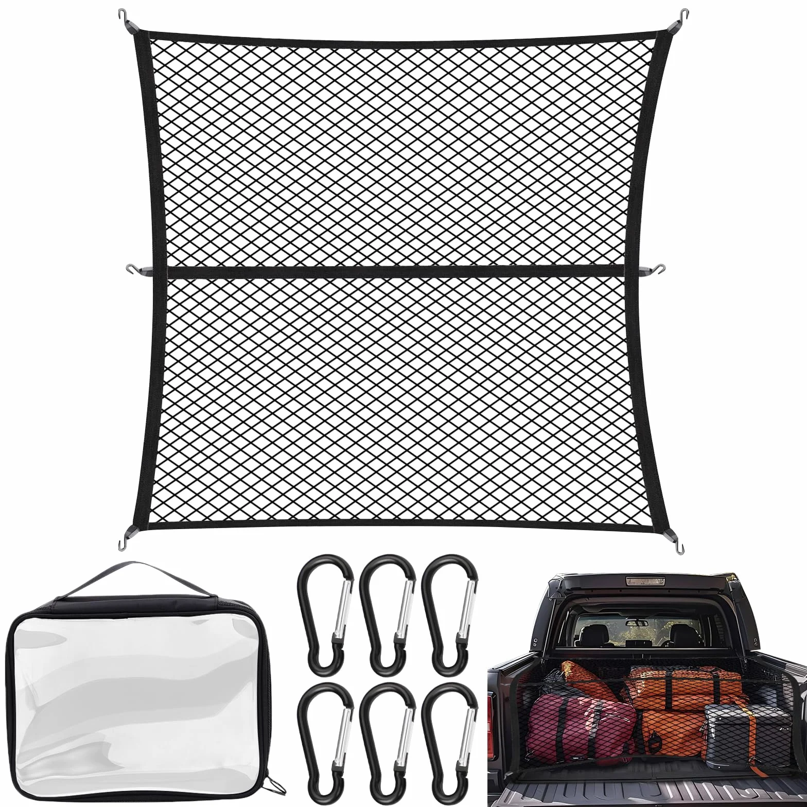 Red de Carga Altamente Elástica, Red Grande para Maletero de Coche 120x120cm, Puede Extender a 210×210cm, Organizador de Malla de Carga para camión, con 6 Mosquetones, para SUV Camionetas Carro
