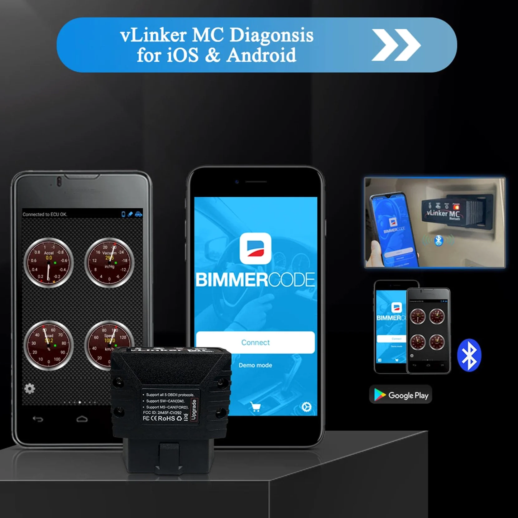 vLinker MC Mini Bluetooth OBD II Adaptador de escáner Herramienta de escaneo de diagnóstico del automóvil y Lector de código para Android (No iOS)