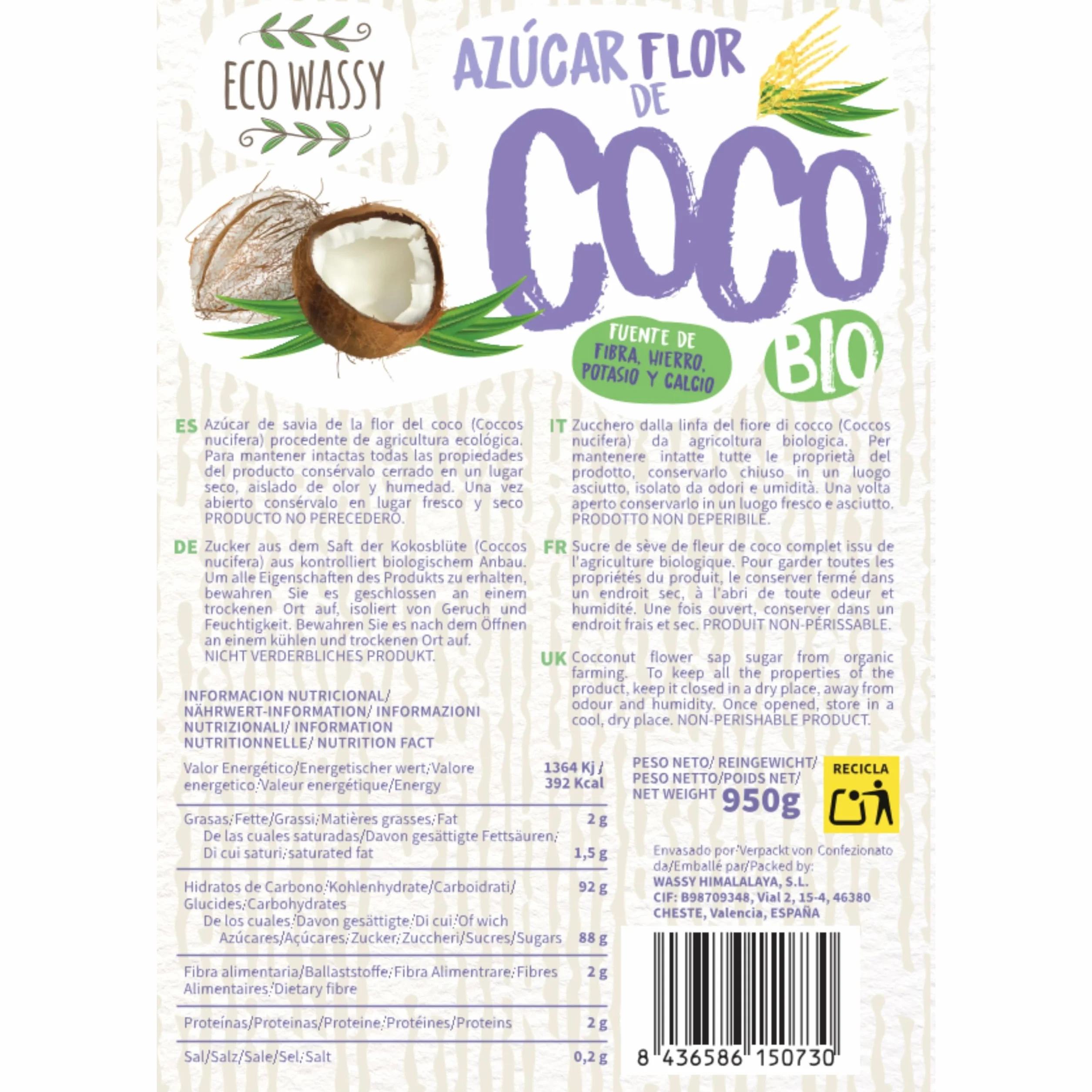 Azúcar De Flor de Coco Orgánico 950g Sin Gluten Bajo Índice Glucémico Vegano