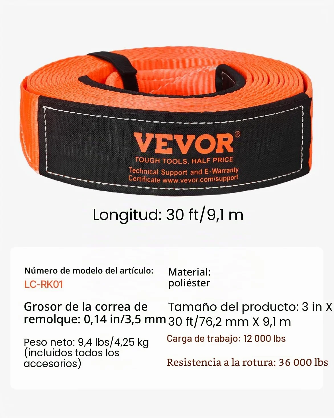 VEVOR Kit de Recuperación de Correas de Remolque, 76,2 mm x 9,1 m Capacidad de 16329 kg Correa de Cabrestante con Fundas Protectoras y Bolsa de Almacenamiento, Grilletes de Anilla en D para SUV, ATV