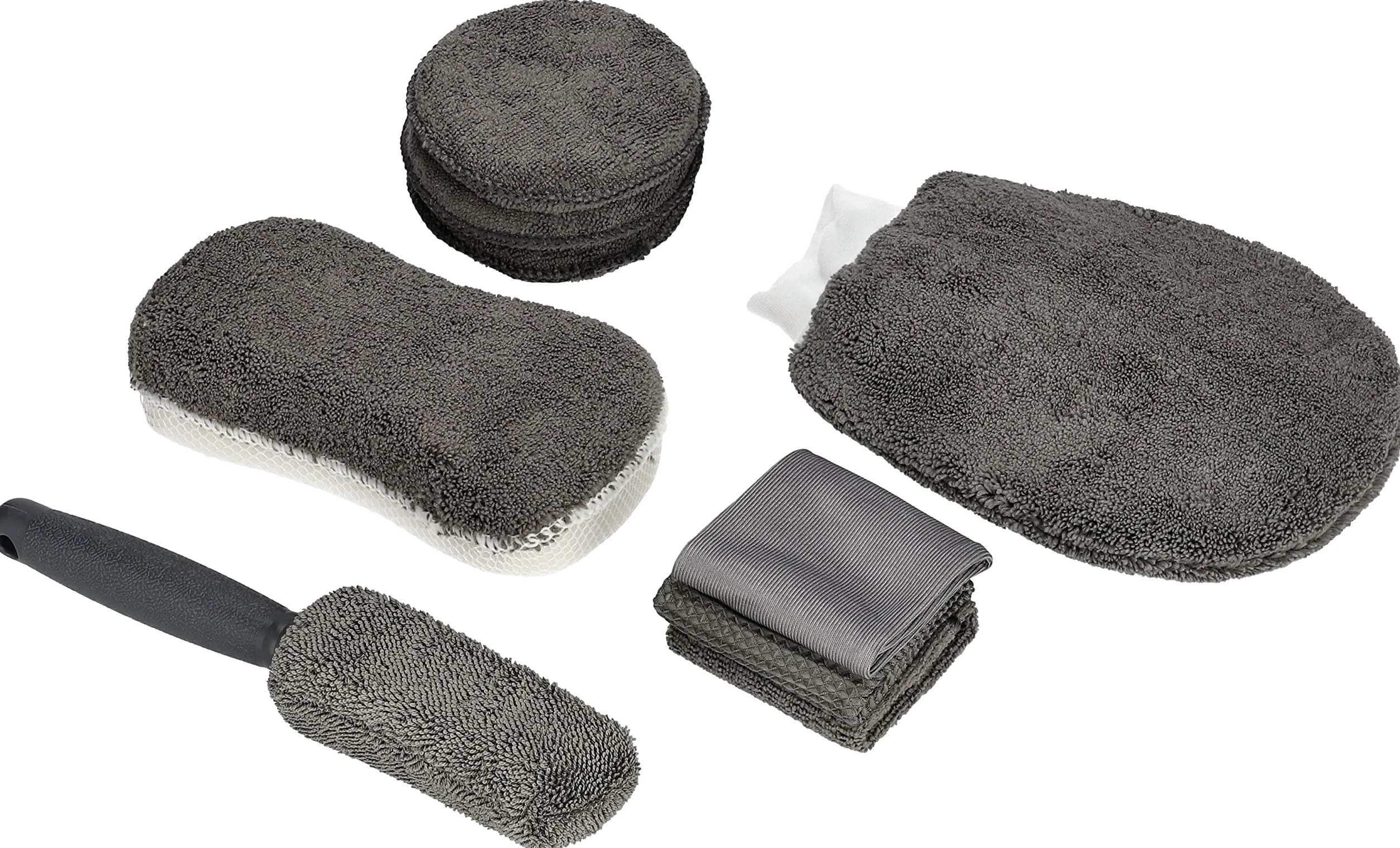 KOTARBAU® Juego de 9 esponjas y paños de Microfibra para el Lavado del Coche, 3 paños, 3 Almohadillas de Pulido, 1 Esponja de Doble Cara, 1 manopla, 1 Cepillo de Mango, Color Gris, Limpieza eficiente