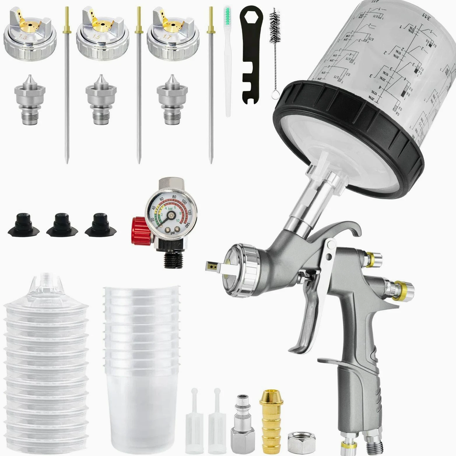 D1 LVLP - Kit de pistola de pintura de alta calidad con boquillas de 1,3/1,5/1,7 mm, 650 ml, paquete de 10 boquillas desechables para automóviles y hogares