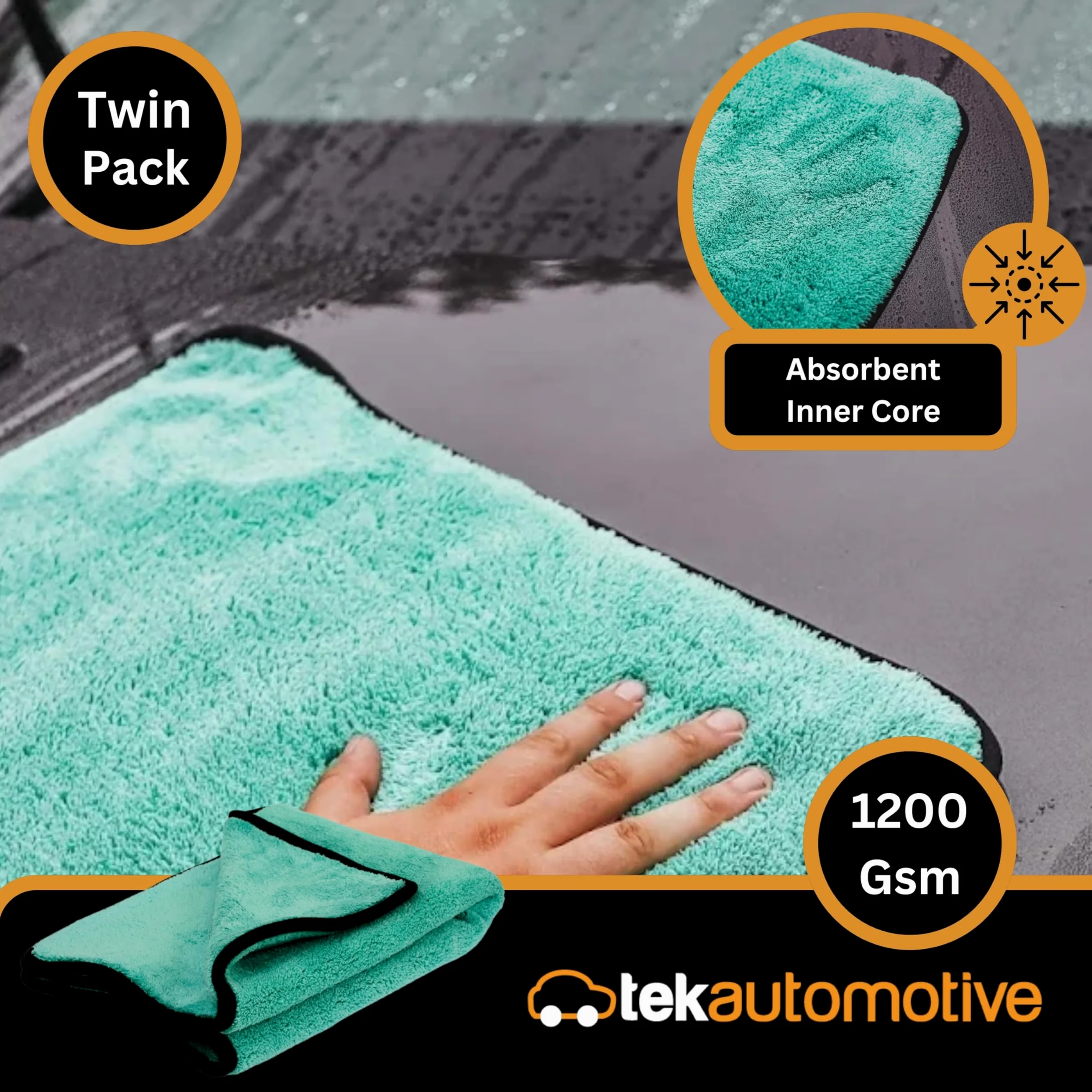 Tek Automotive Aqua - Juego de 2 toallas de secado de coche de lujo de 1200 g/m², paños de microfibra extra grandes (50 x 70 cm), superabsorbentes, ultrasuaves, para limpieza, detalles, pulido y