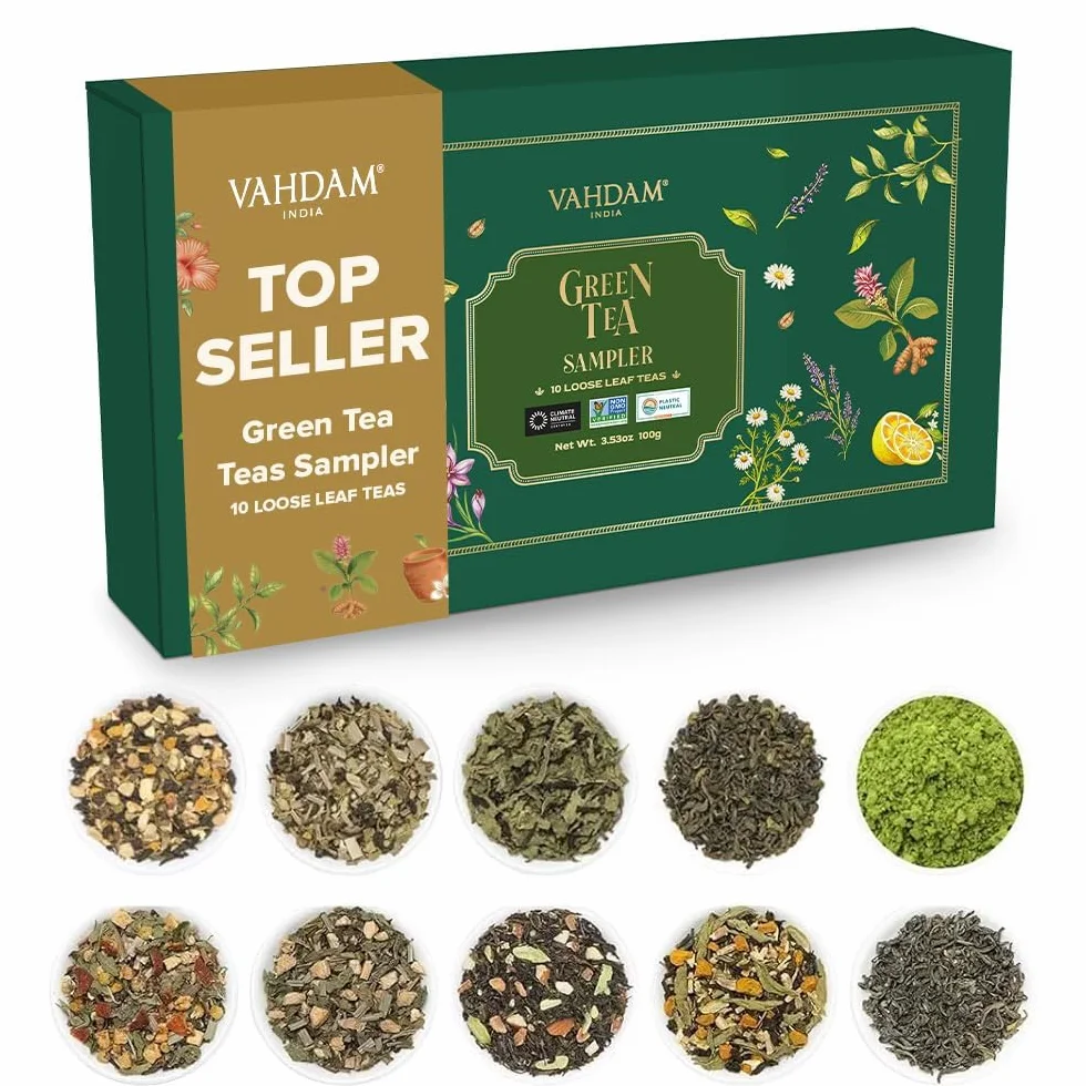 VAHDAM Caja De Regalo Surtida De Té Verde 10 Sabores Sin Gluten Sin OGM Tés Exóticos De Hojas Sueltas