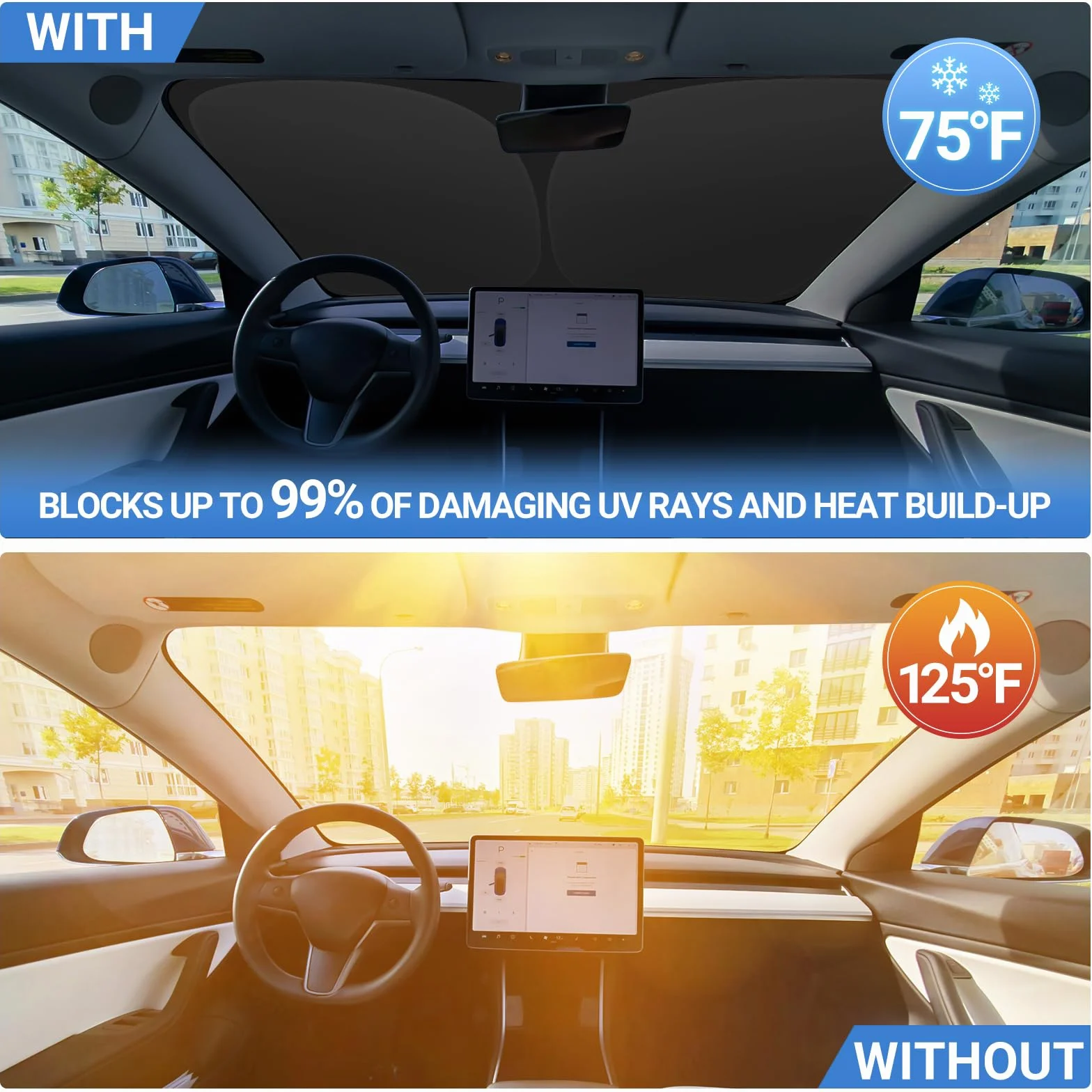 ZATOOTO Parasol Coche Delantero para Tesla Model Y Model 3, Protección Solar para Parabrisas, Cubierta Parabrisas para Bloques de Verano UV, Visera para Coche, Plegable, 132x92 cm
