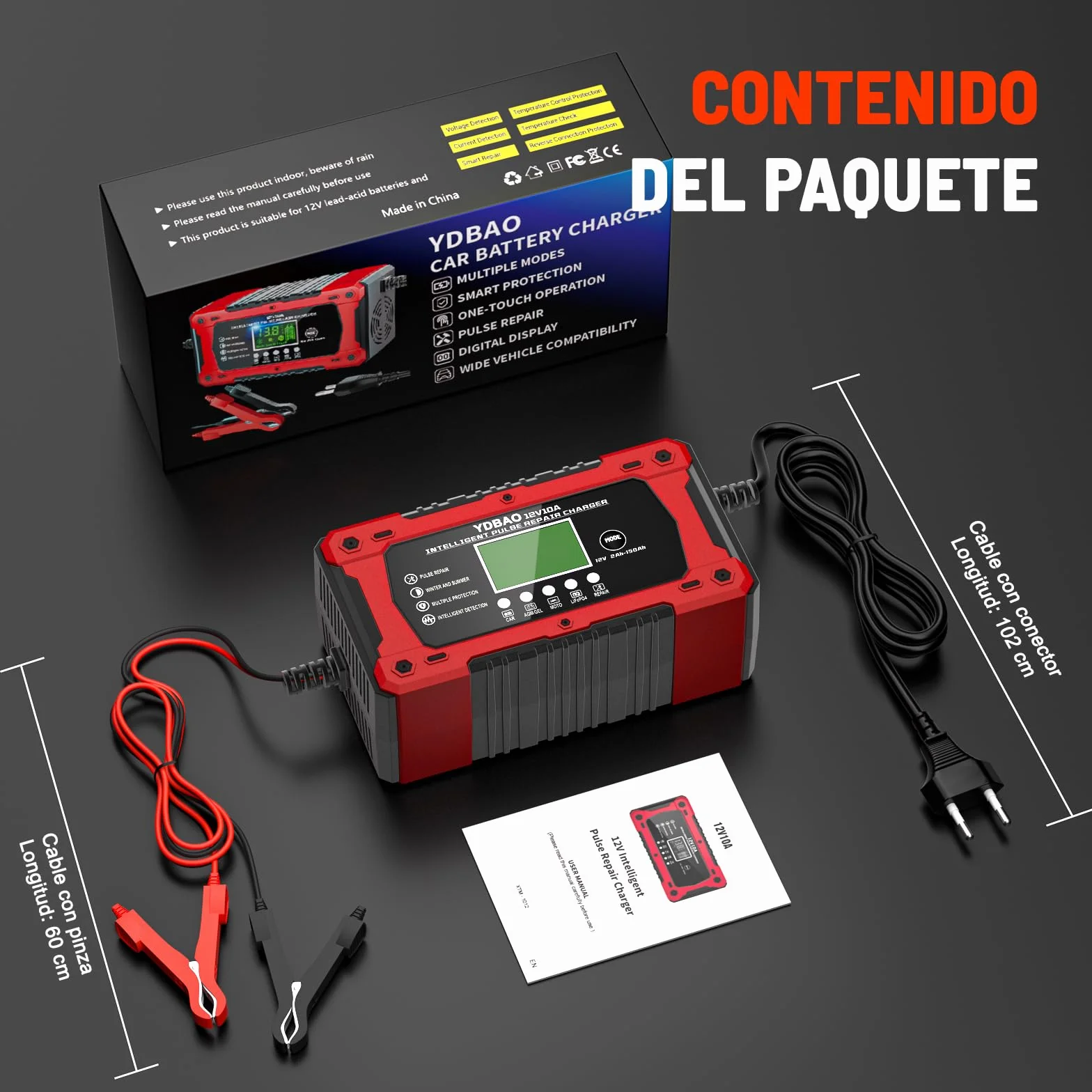 YDBAO Cargador de Batería de Coche 12V 10A Cargador Baterias Coche y Moto Inteligente con Reparación y Múltiples Protecciones y Pantalla LCD Cargador bateria para Auto,Moto, Camión, AGM, Gel,SLA