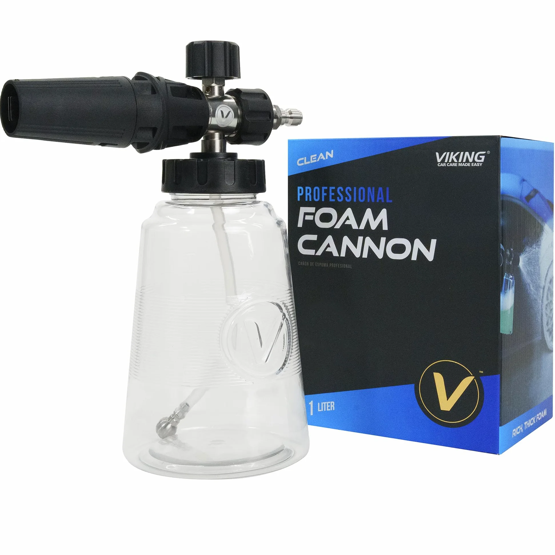 VIKING Cañón de espuma profesional para coche, boquilla de pulverización ajustable, bote de jabón de 1.1 litros, enchufe de conexión rápida de 1/4 pulgadas para lavadora a presión y kit de detalles de
