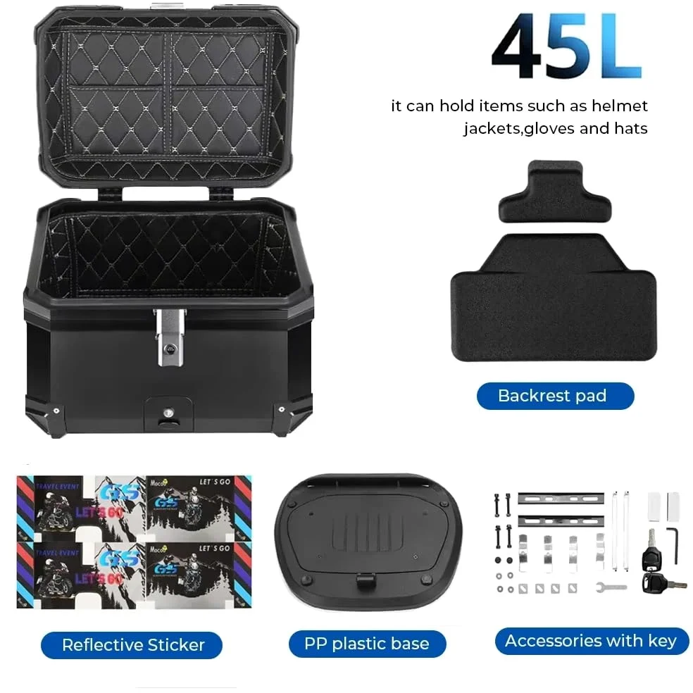Genérico Top Case Moto Universal, Baúl de Moto Impermeable 45L / 57L, Caja Trasera de ABS Engrosado con Cerradura de Seguridad y Base de Montaje para Cascos, Equipaje Moto y Scooter (45L)