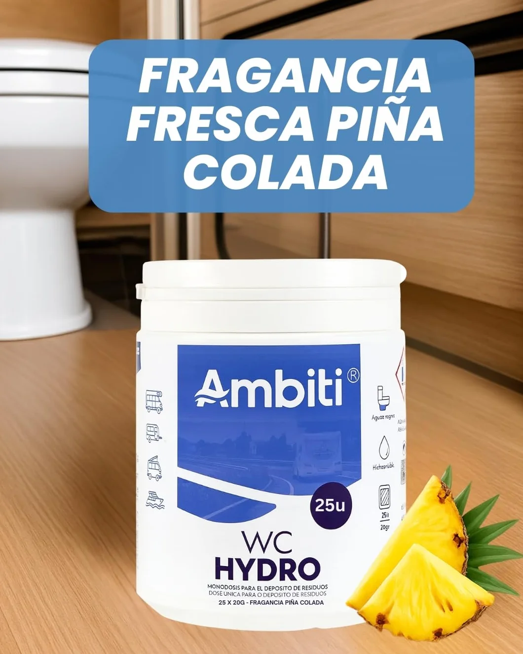 Ambiti | Monodosis Hidrosolubles para Depósito de Residuos de Autocaravanas,Caravanas y Campers| Antibacteriano| Elimina Deshechos Orgánicos y Papel Higiénico| Fragancia Piña Colada (15)
