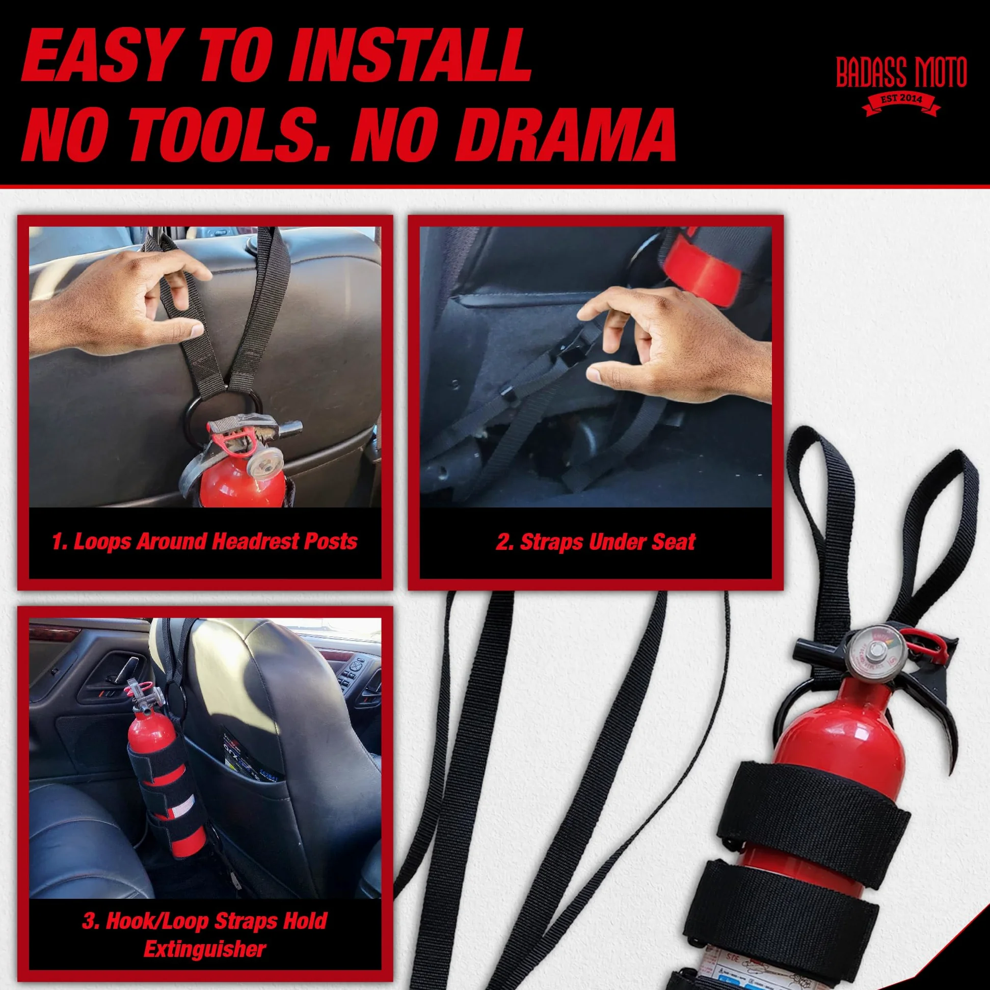 Badass Moto Soporte Universal para extintor de Incendios para automóvil, camión, SUV. Soporte Universal para extintor de Incendios para Asiento de Coche. Se Adapta al Soporte de extintor de Incendios