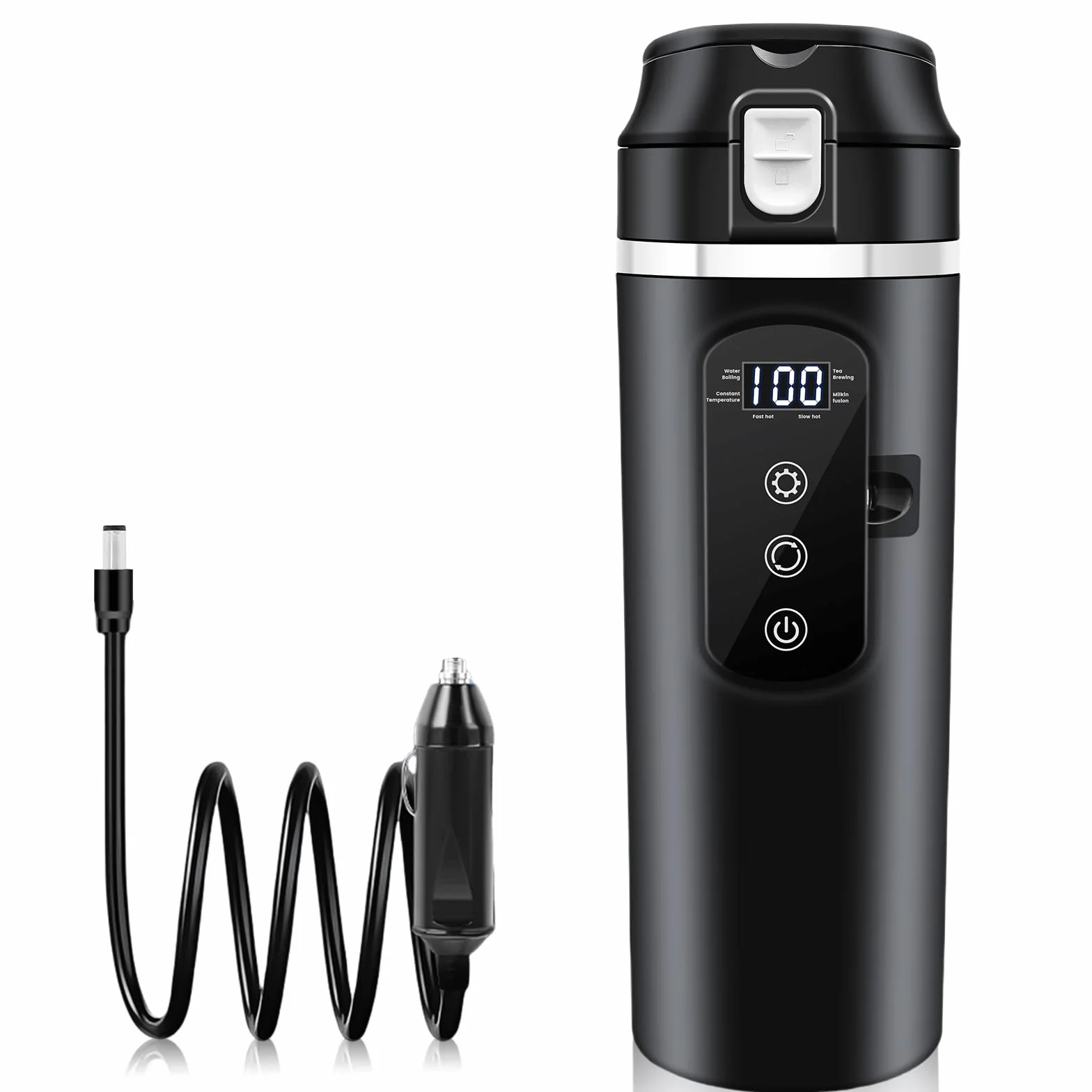 PORFOYO Hervidor de agua para coche, 12 V, minihervidor de café, 500 ml, negro, hasta 100 ℃, control de temperatura variable para camiones, viajes, camping