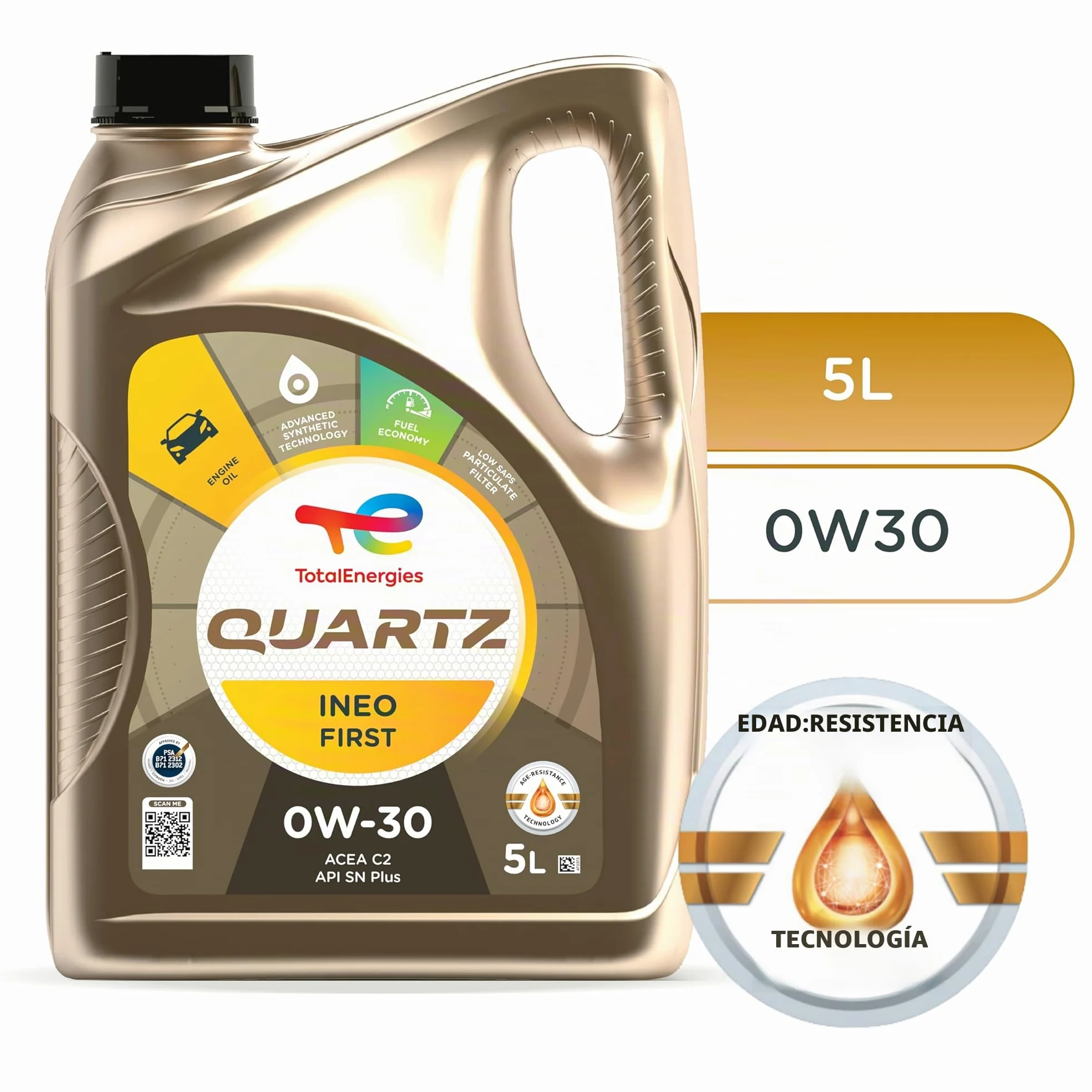 TotalEnergies Quartz INEO First 0W30 - Aceite de Motor Low SAPS, tecnología de Resistencia a la Edad, fórmula de Ahorro de Combustible, lubricante sintético avanzado de Aceite de Motor, 5 litros