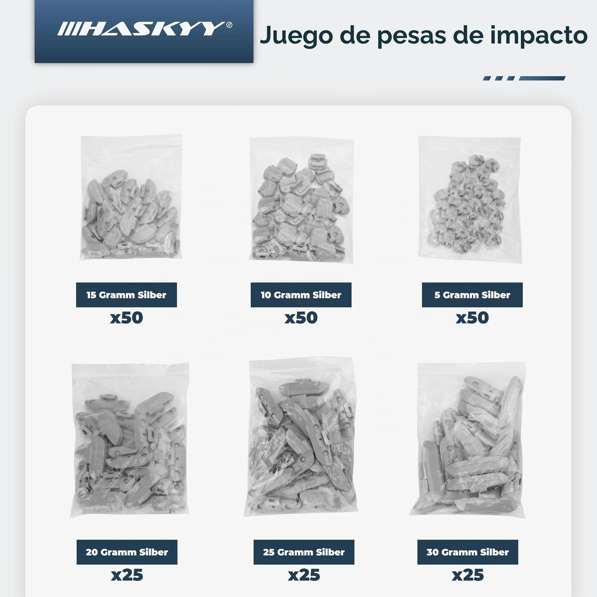 HASKYY 225 Pesos de percusión para Llantas de Acero // 50 de 5 g, 10 g, 15 g // 25 de 20 g, 25 g y 30 g Cada una