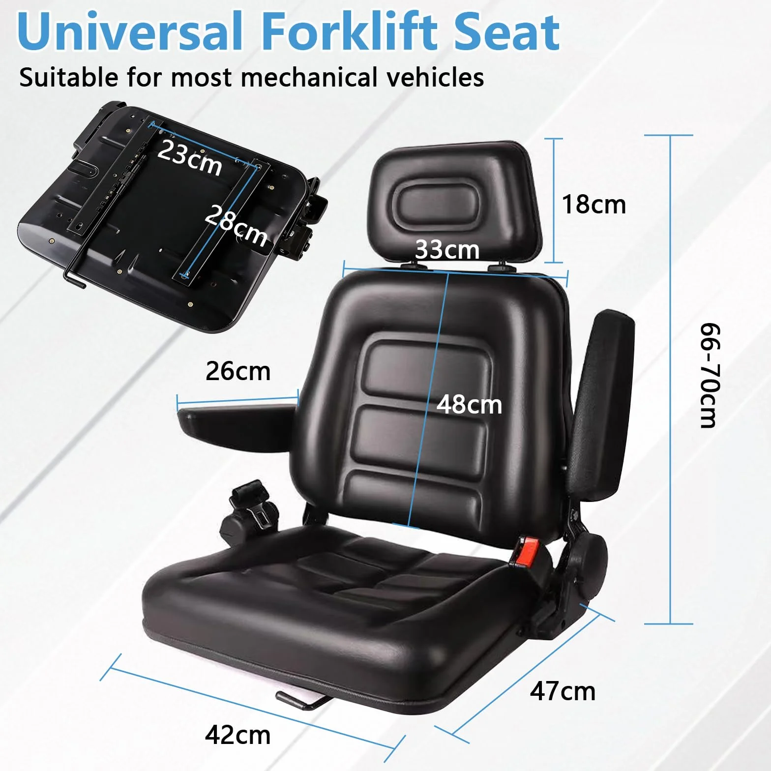 Asiento universal para tractor, asiento plegable para carretilla elevadora con respaldo ajustable y cinturón de seguridad, reposacabezas ajustable en 3 posiciones, reposabrazos plegables y rieles