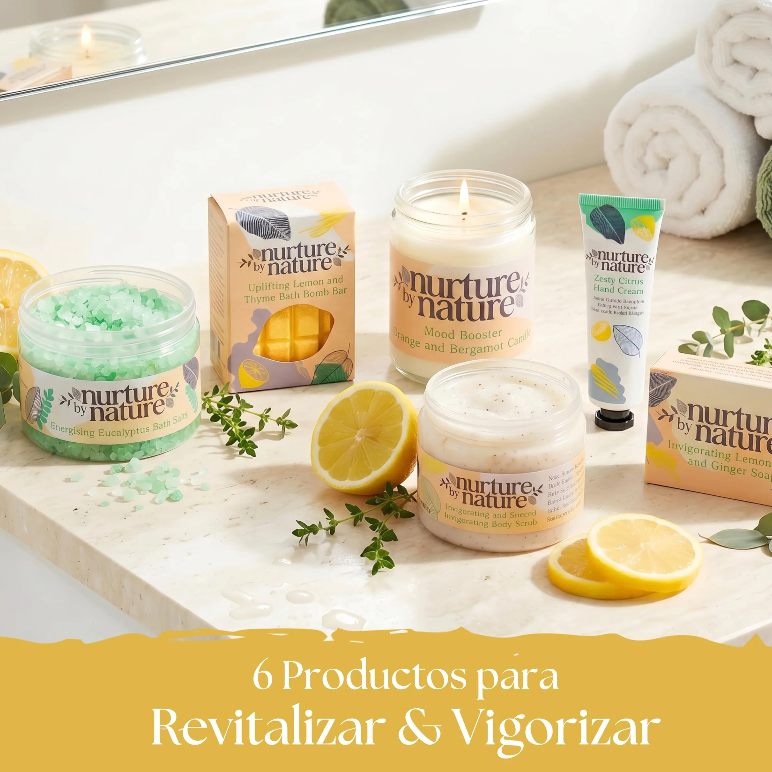 Nurture By Nature Set de Regalo para Mujer, Aceite Esencial, Sales de Baño, Jabón, Bombas de Baño, Vela