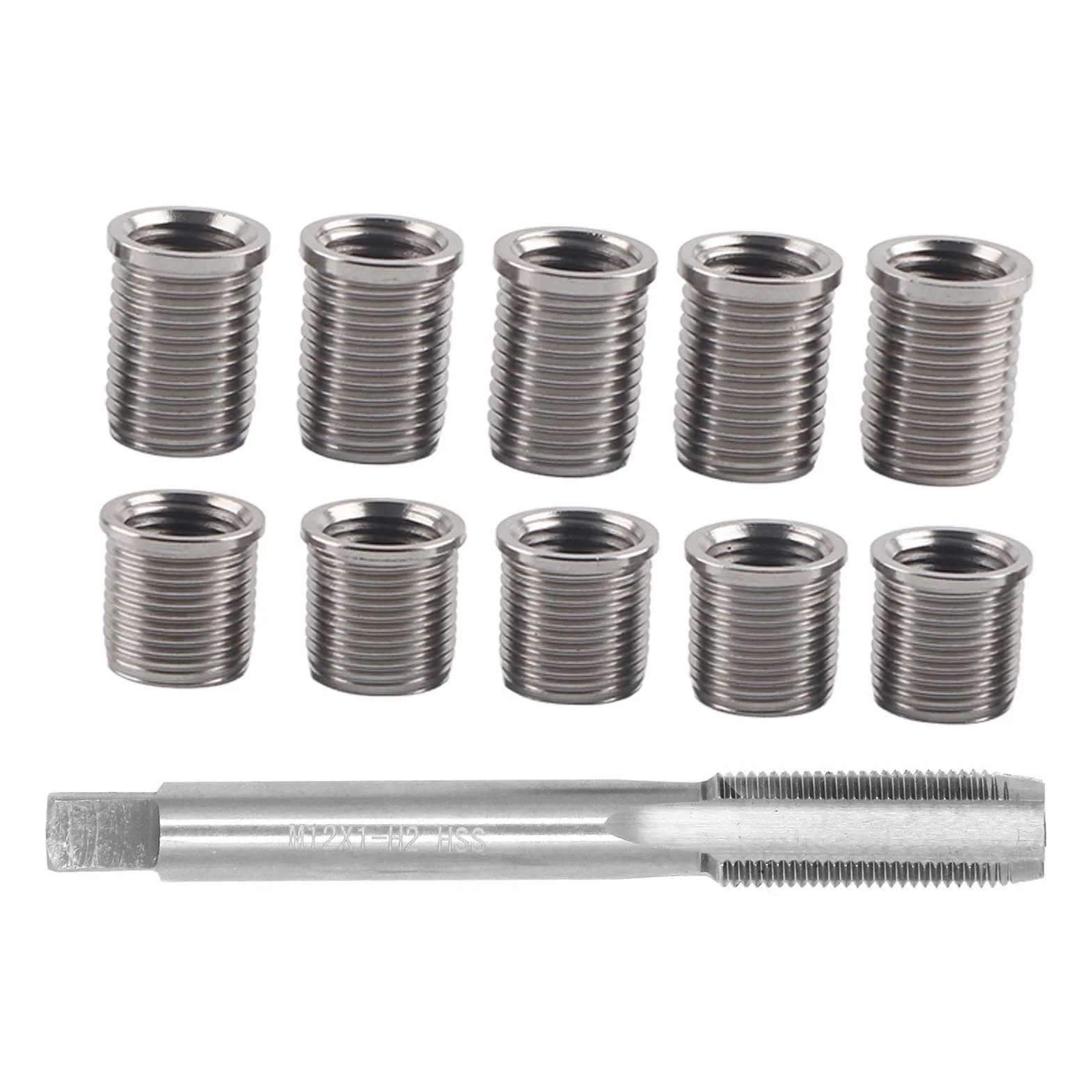 Kit de reparación de roscas de bujía, 10 insertos roscados M10x1.0 y 1 macho roscado M12x1.0, herramientas para grifo de la bujía para la reparación de