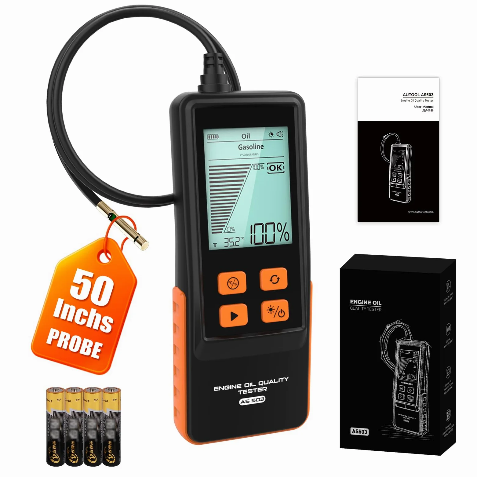 Probador de aceite de motor, probador de calidad de aceite de motor diésel y gasolina, sonda extendida de 50 pulgadas y respuesta rápida, analizador profesional de aceite de motor con pantalla LCD de