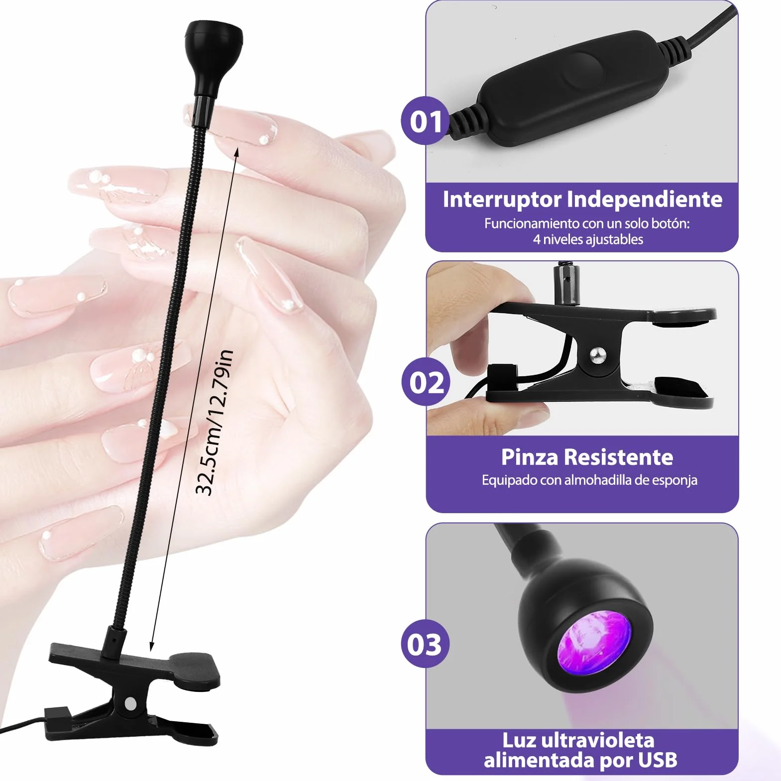 Lámpara de Uñas UV 5W LED Mini para Uñas de Gel Curado Rápido USB Ultravioleta con Clip Negro