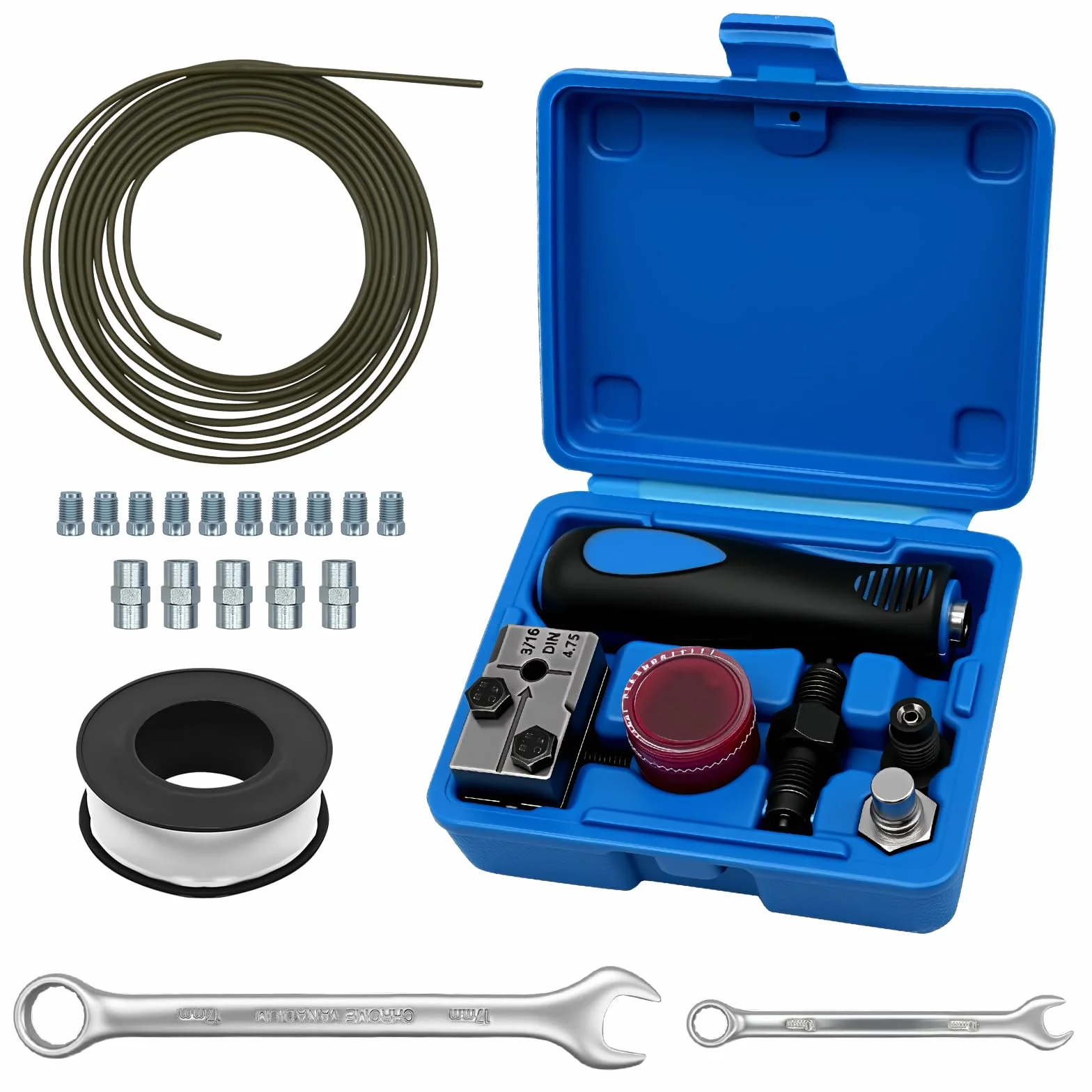 11 piezas de cable de freno para rebordear DIN, con cable de freno de 4,75 mm, 10 conexiones roscadas, 5 conexiones+cinta de sellado PTFE para frenos, cables hidráulicos (juego 2)