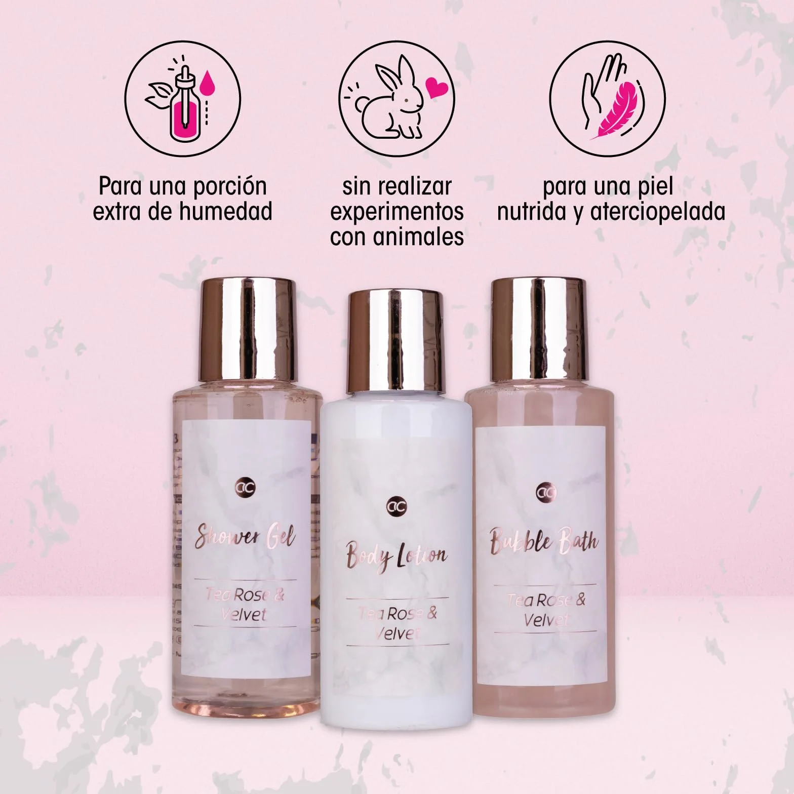 Accentra Set de baño MÁRMOL 3 piezas Gel de ducha, baño de burbujas, loción corporal rosa